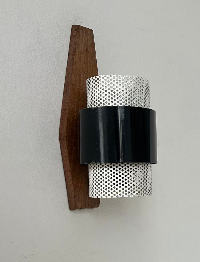French_Wall_Light_in_Black_Lacquered_Metal,_Perforated_White_Metal_and_Wood,_1950s