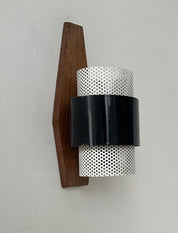 French_Wall_Light_in_Black_Lacquered_Metal,_Perforated_White_Metal_and_Wood,_1950s