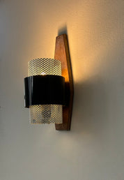 French_Wall_Light_in_Black_Lacquered_Metal,_Perforated_White_Metal_and_Wood,_1950s