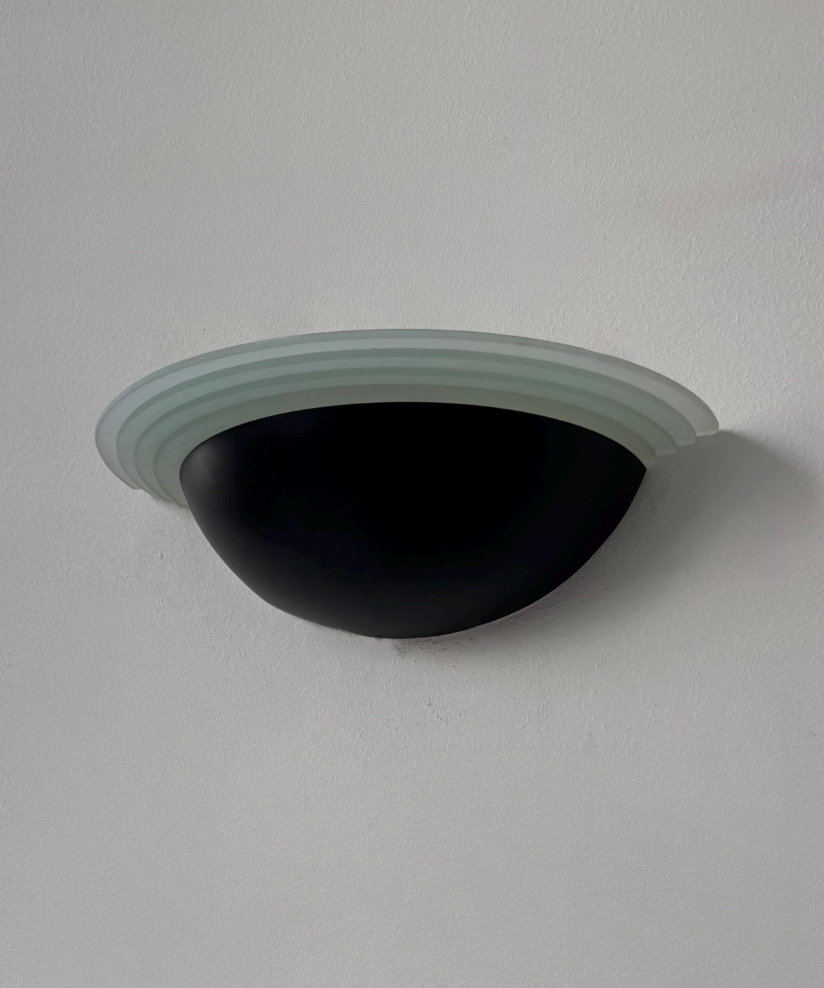 French_Black_Metal_and_Frosted_Glass_Wall_Light,_1970s