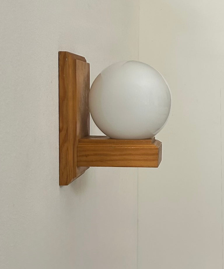 French_Pine_and_Opaline_Glass_Wall_Light,_1970s