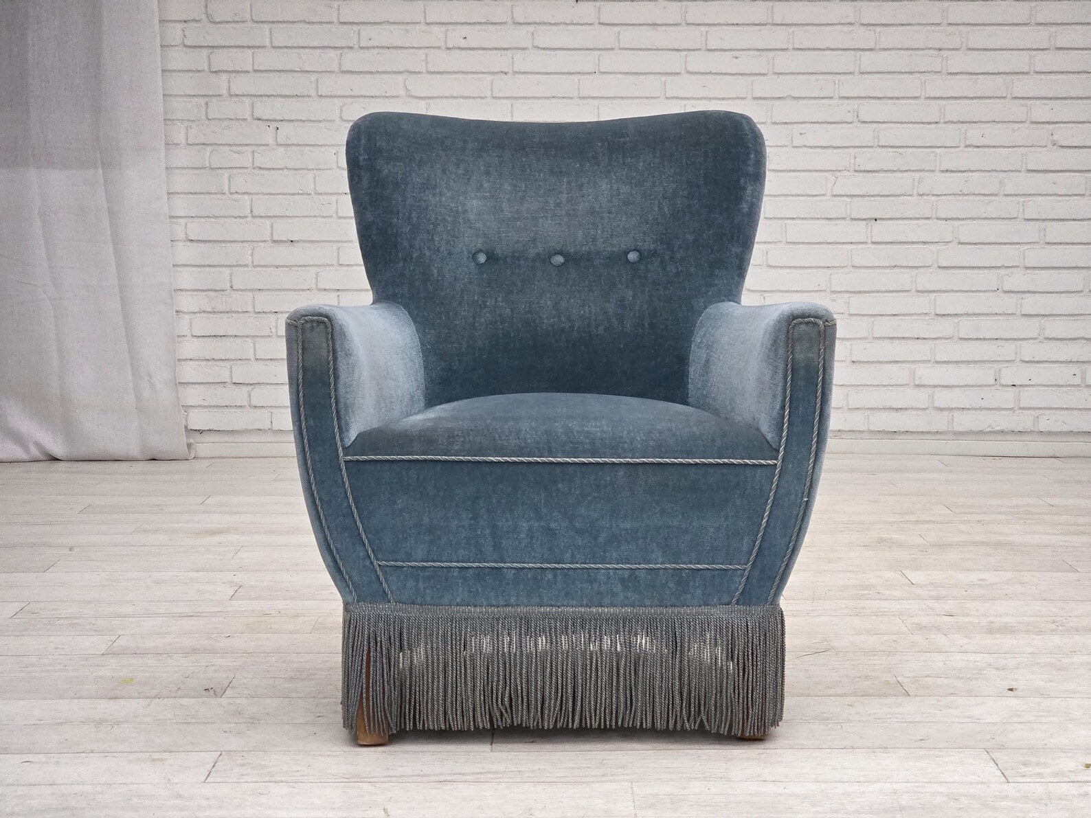 Set_of_Armchair_&_Footstool,_Blue_Velour_&_Oak_Legs_1970s_Denmark