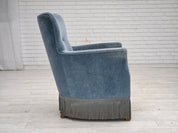 Set_of_Armchair_&_Footstool,_Blue_Velour_&_Oak_Legs_1970s_Denmark