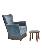 Set_of_Armchair_&_Footstool,_Blue_Velour_&_Oak_Legs_1970s_Denmark