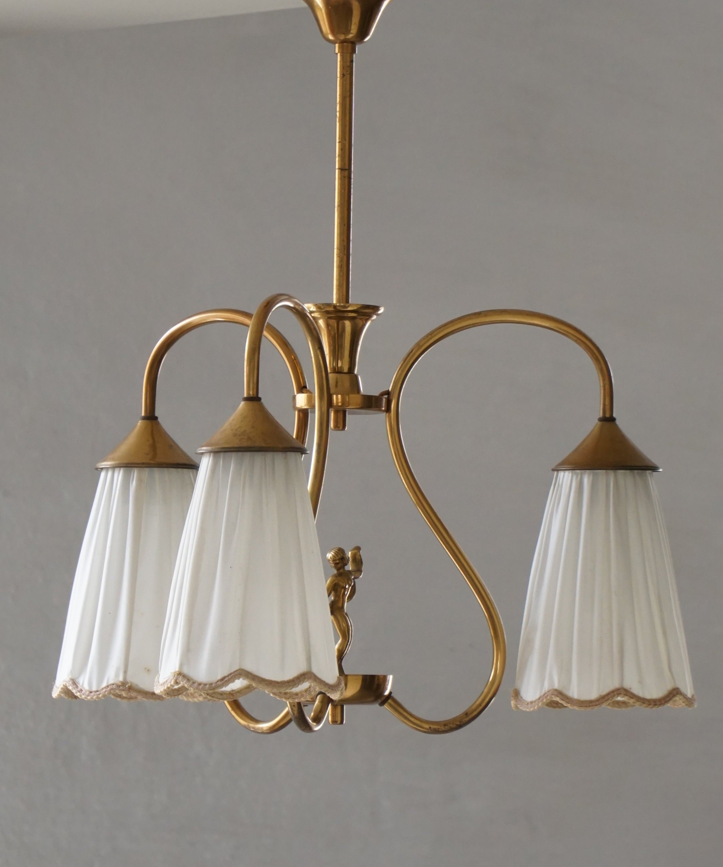Art_Nouveau_Brass_Chandelier_with_Figural_Detail_and_Pleated_Shades