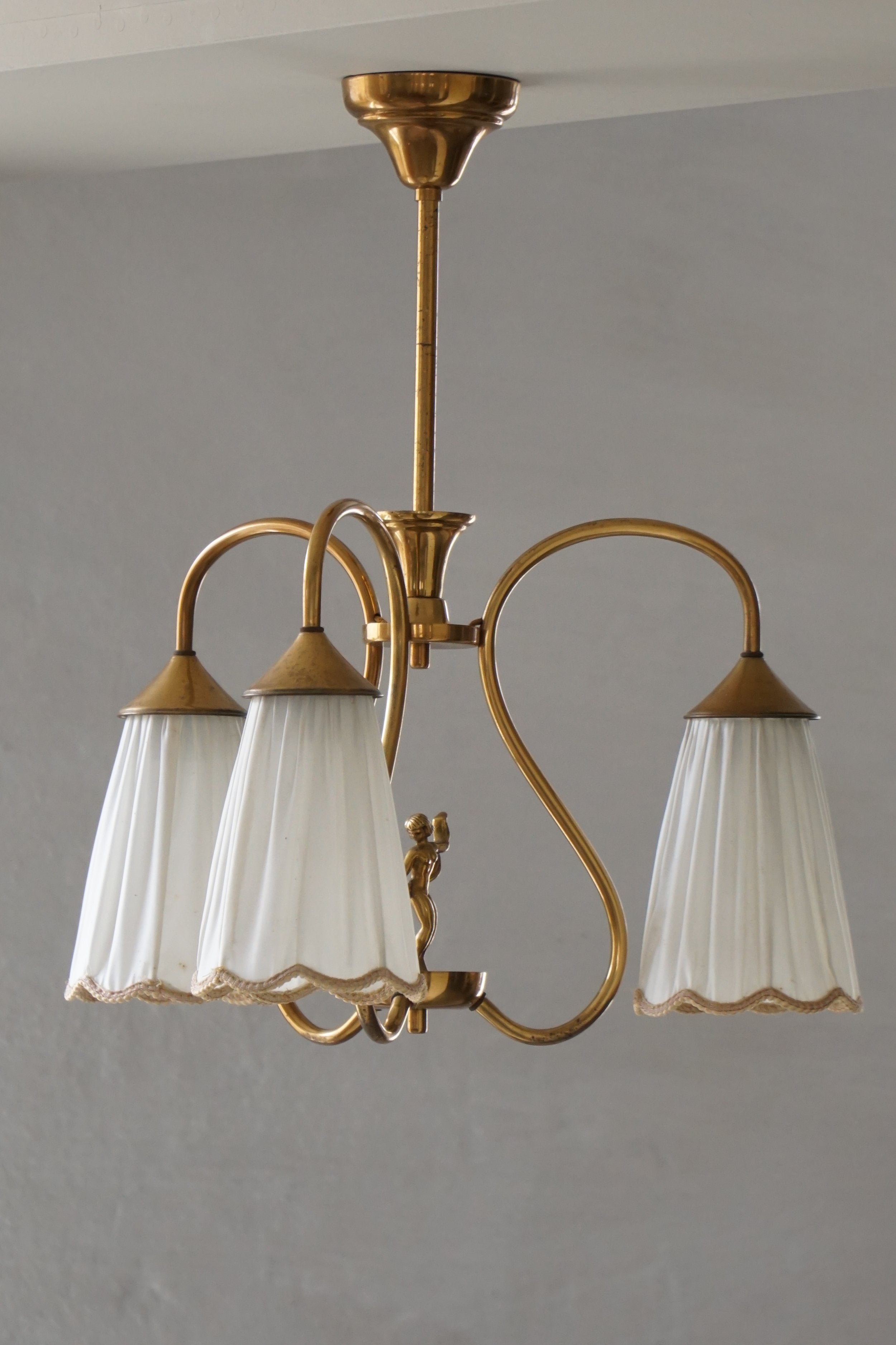 Art_Nouveau_Brass_Chandelier_with_Figural_Detail_and_Pleated_Shades
