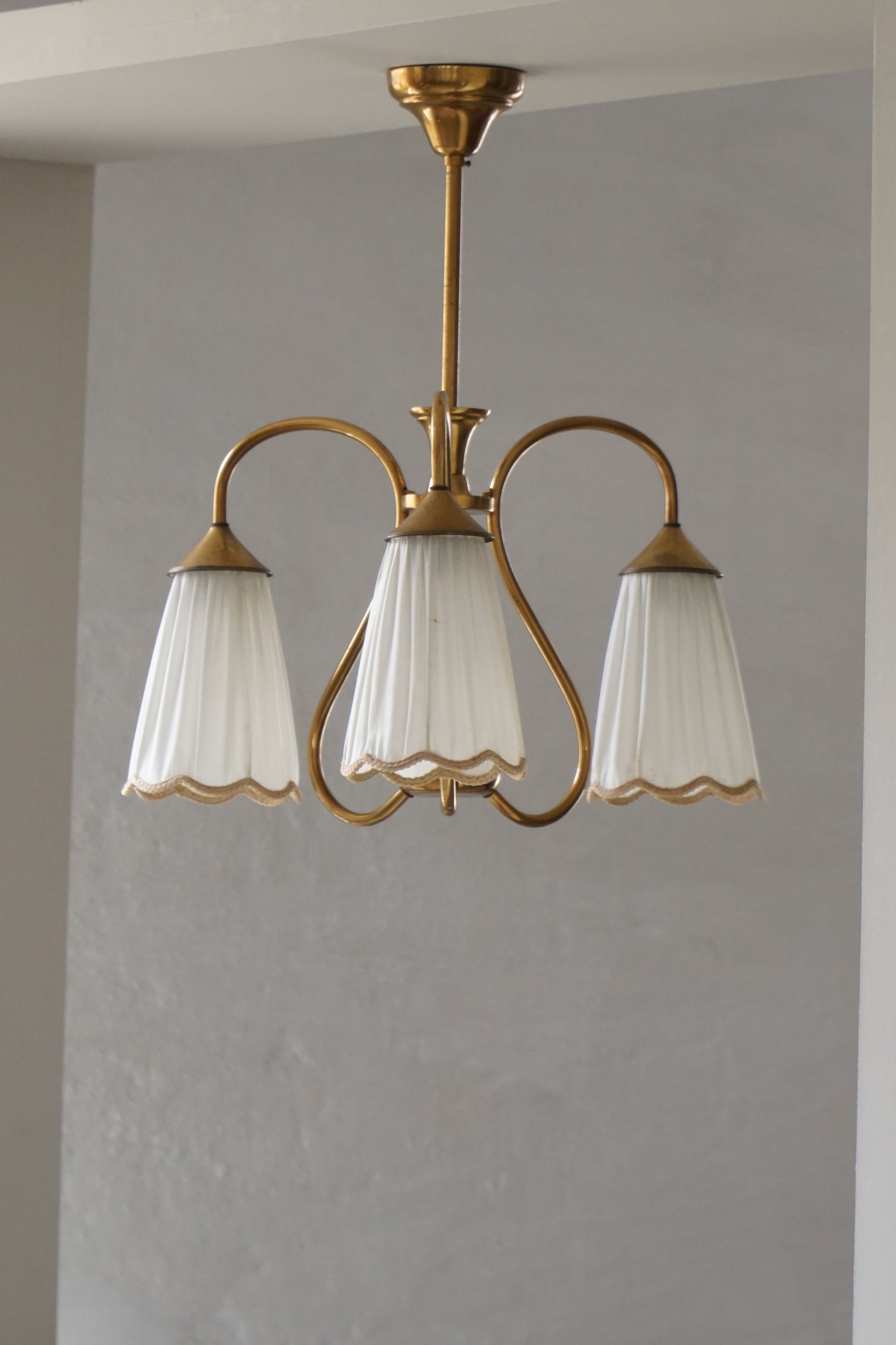 Art_Nouveau_Brass_Chandelier_with_Figural_Detail_and_Pleated_Shades