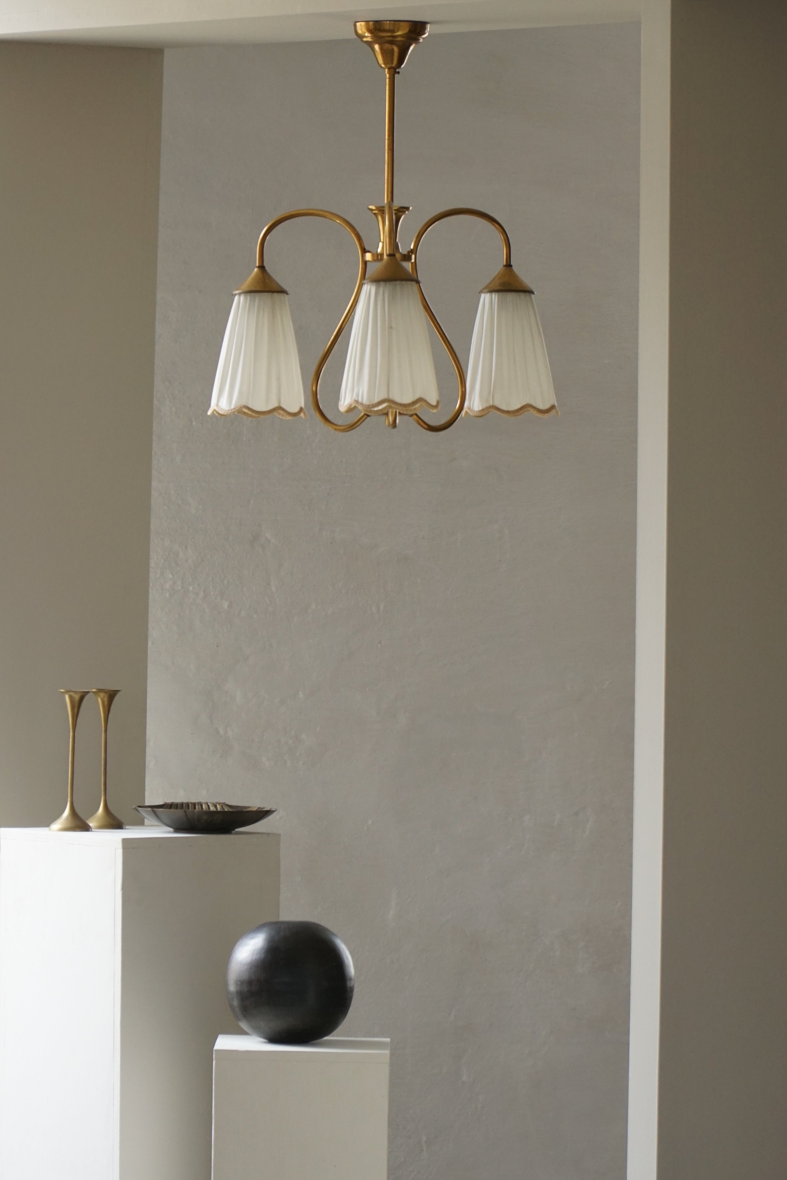 Art_Nouveau_Brass_Chandelier_with_Figural_Detail_and_Pleated_Shades
