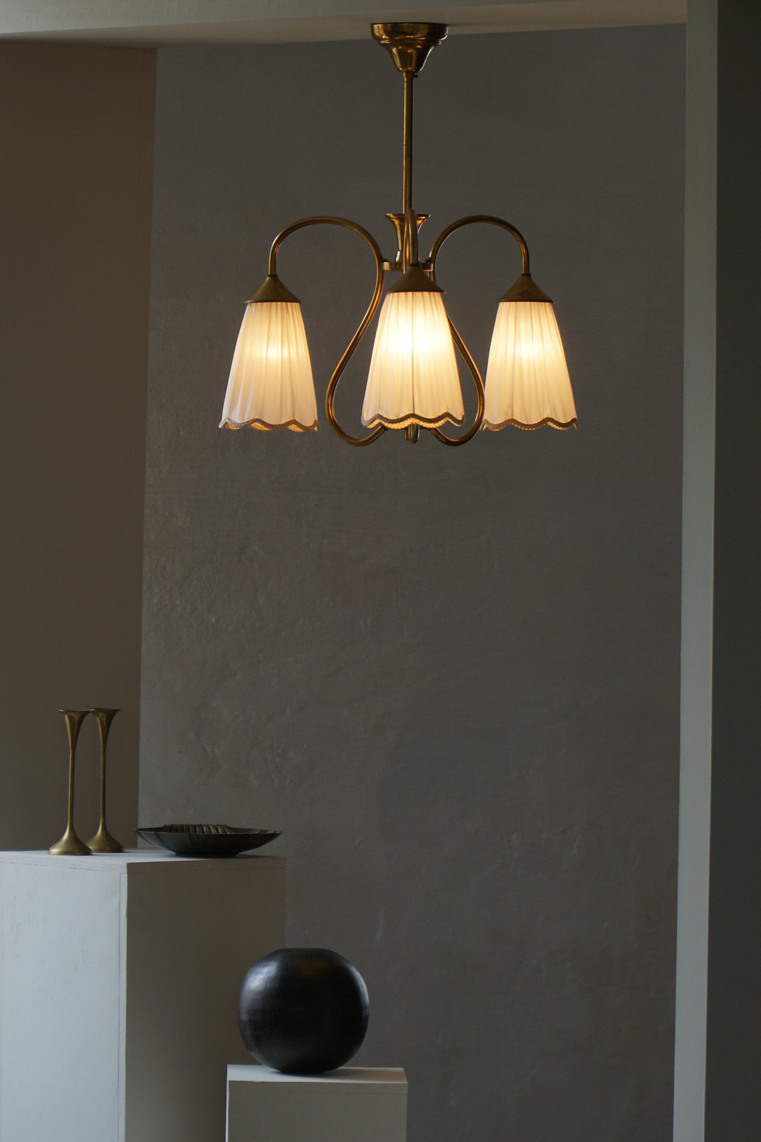 Art_Nouveau_Brass_Chandelier_with_Figural_Detail_and_Pleated_Shades