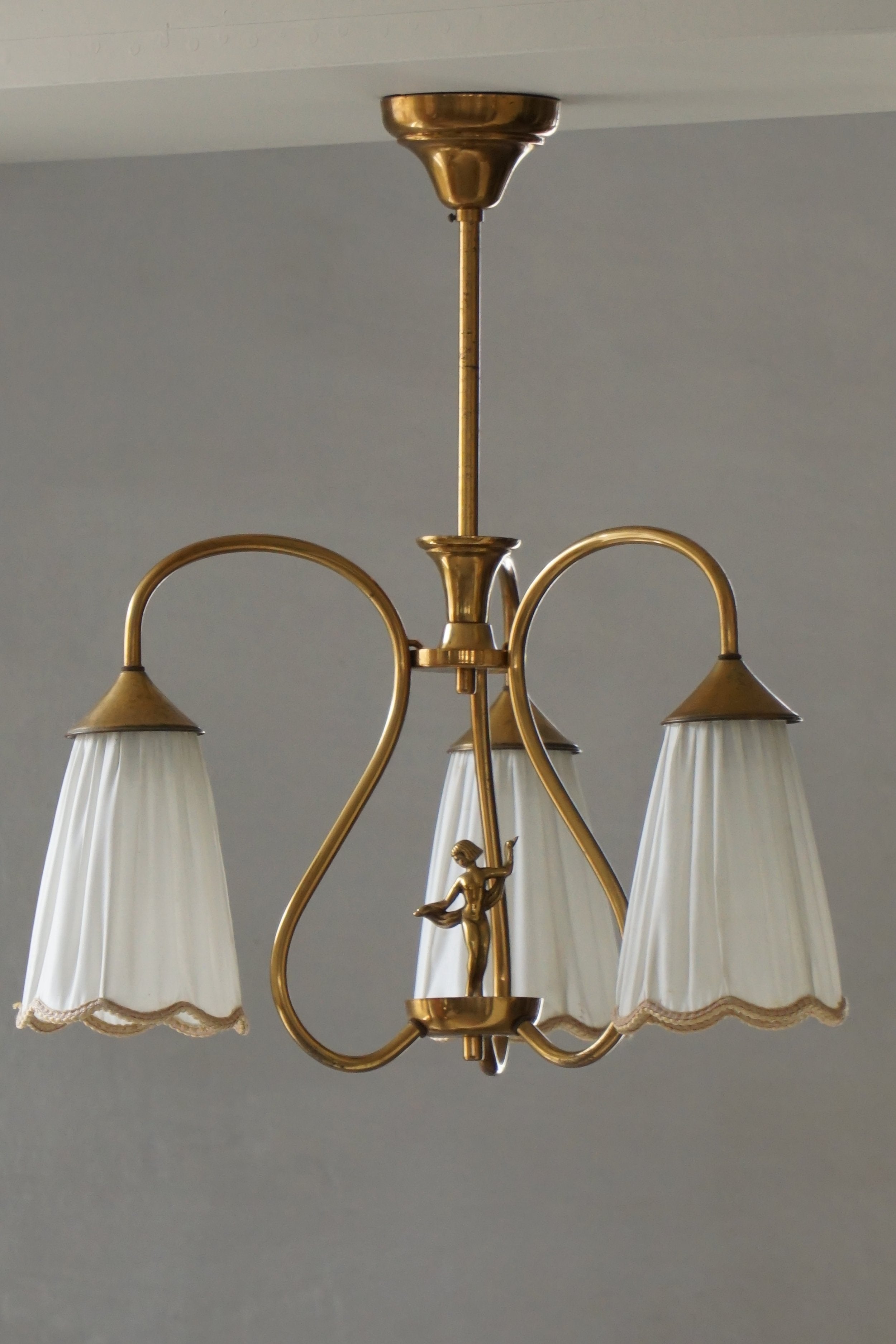 Art_Nouveau_Brass_Chandelier_with_Figural_Detail_and_Pleated_Shades