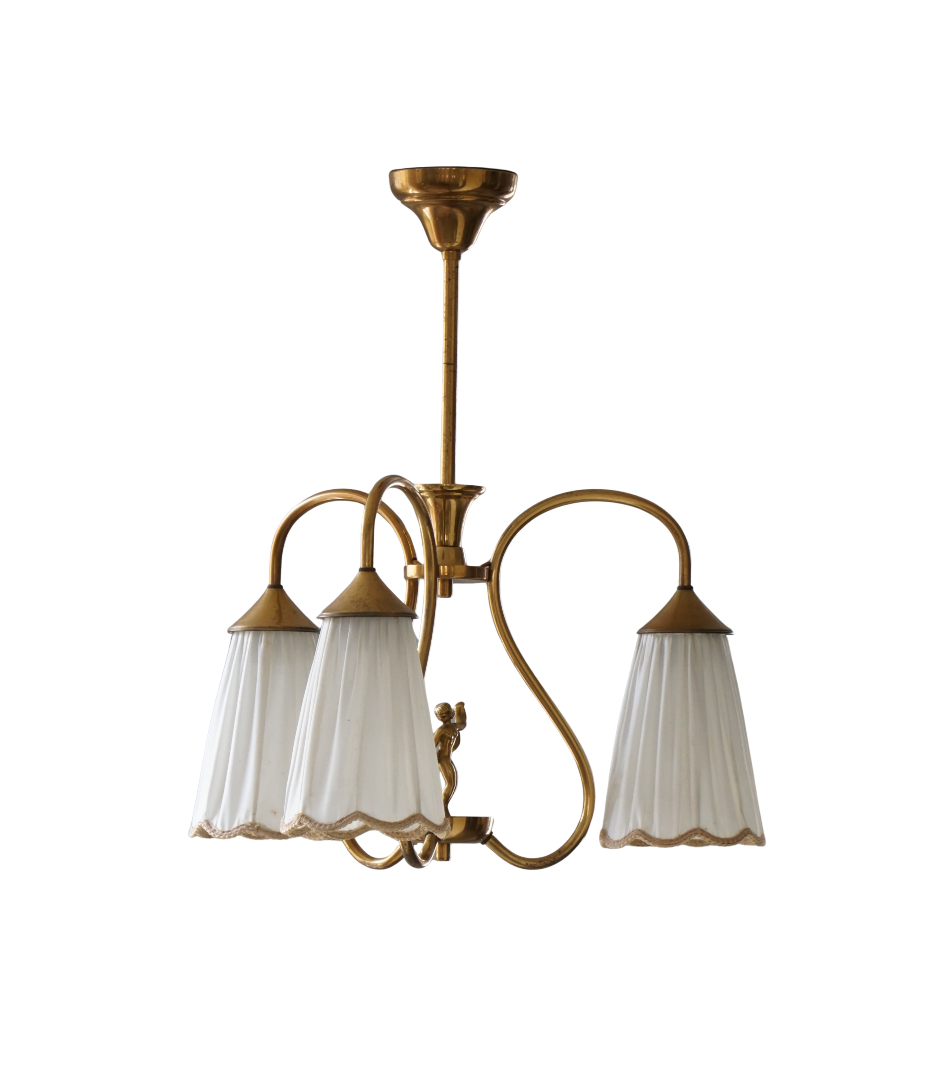 Art_Nouveau_Brass_Chandelier_with_Figural_Detail_and_Pleated_Shades