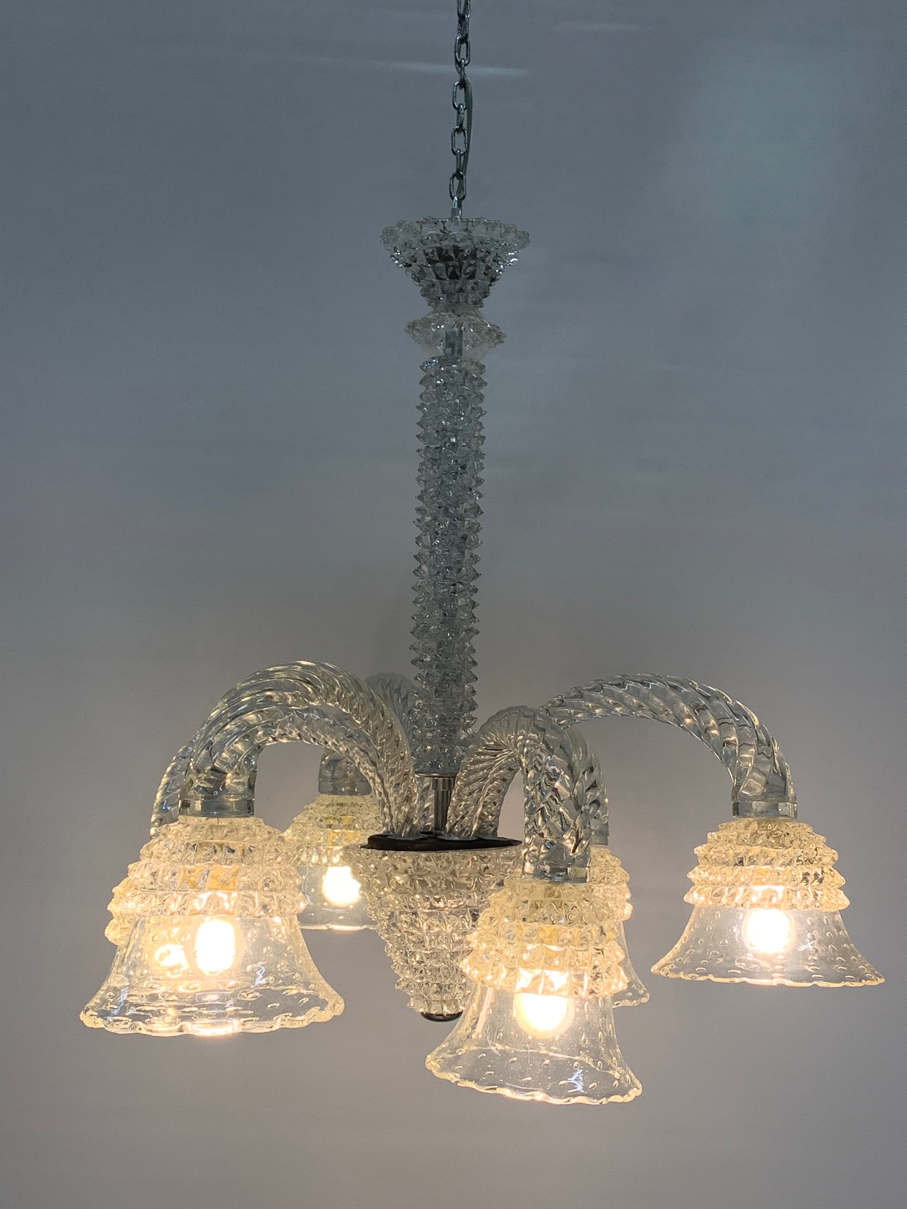 Barovier_&_Toso_Attributed_Murano_Glass_6_Light_Chandelier,_Rostrato_Glass,_Italy,_1950s