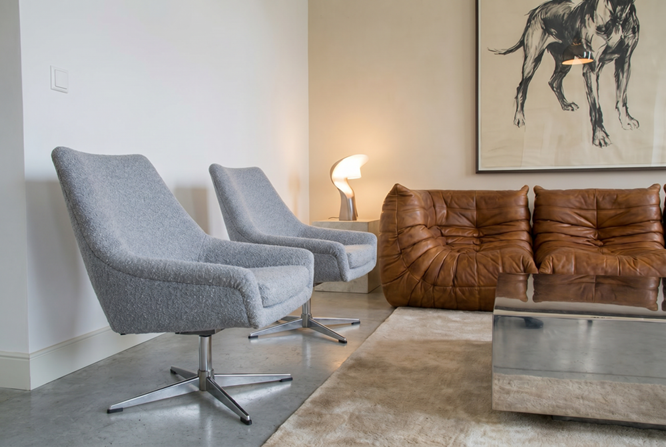 1970s_Swivel_Shell_Armchair_in_Light_Blue_and_Terracotta_Fabric_with_Chrome_Base