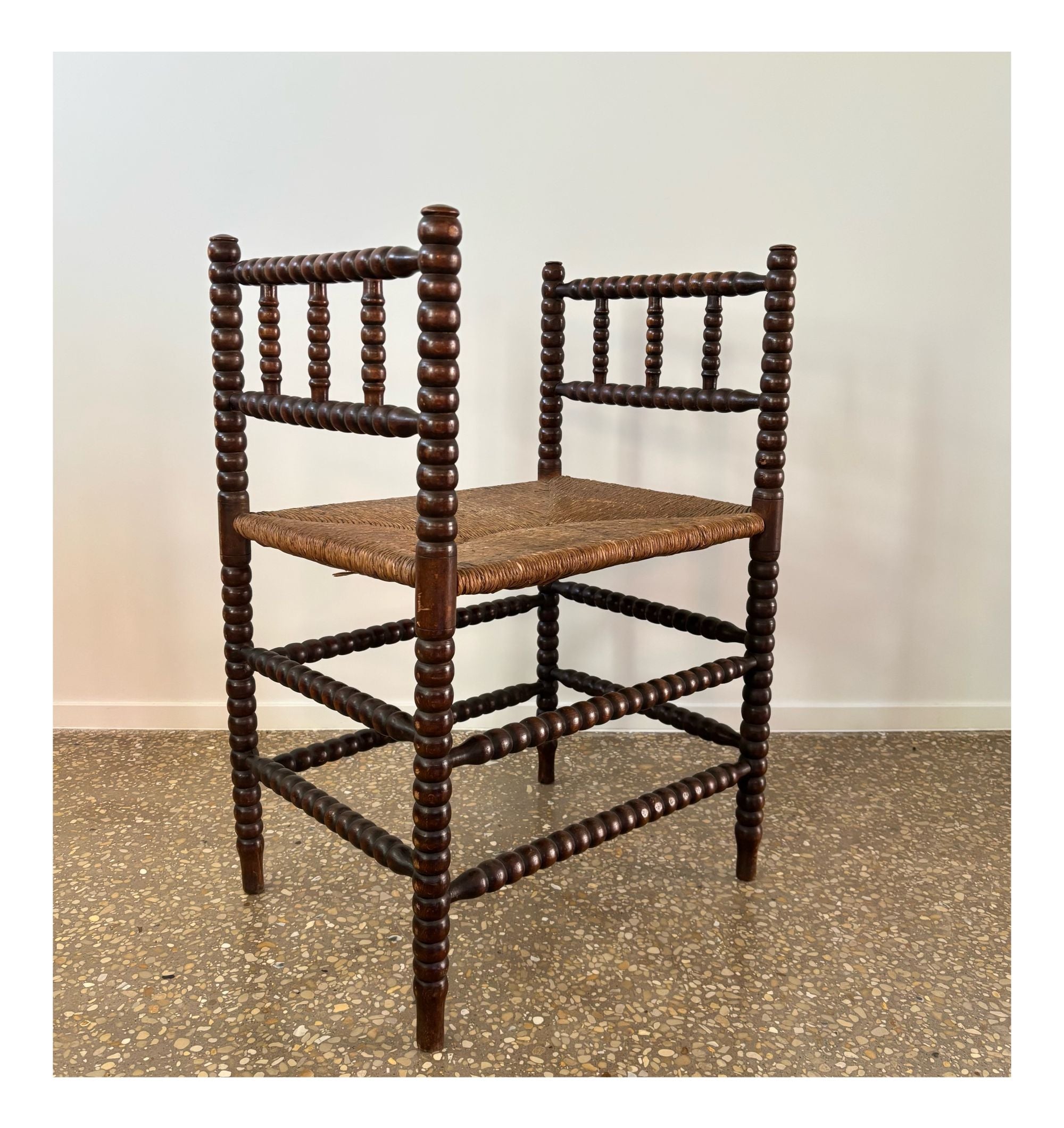 Dutch_Bobbin_Turned_Wood_Stool_or_Small_Bench_with_Rush_Seat,_Early_20th_Century