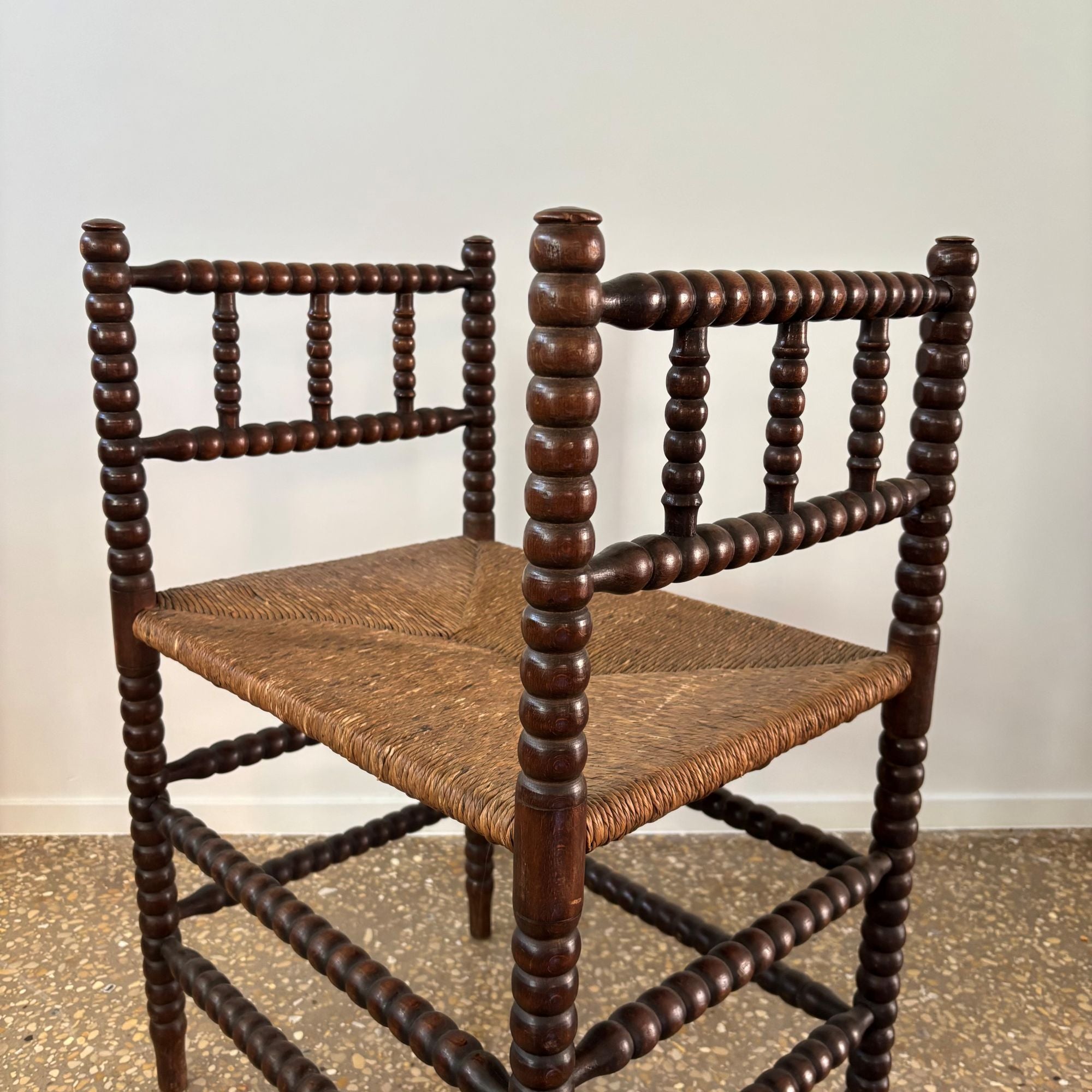Dutch_Bobbin_Turned_Wood_Stool_or_Small_Bench_with_Rush_Seat,_Early_20th_Century
