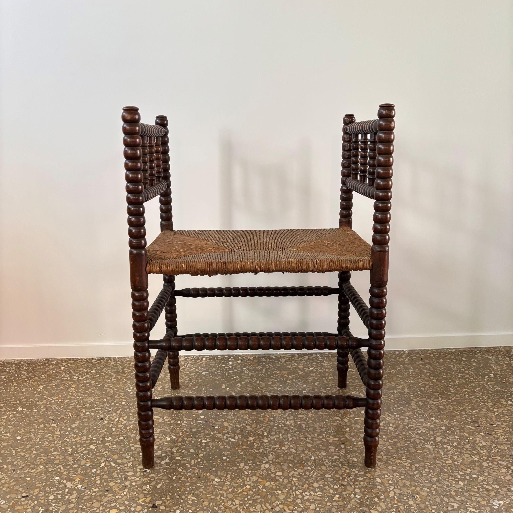 Dutch_Bobbin_Turned_Wood_Stool_or_Small_Bench_with_Rush_Seat,_Early_20th_Century
