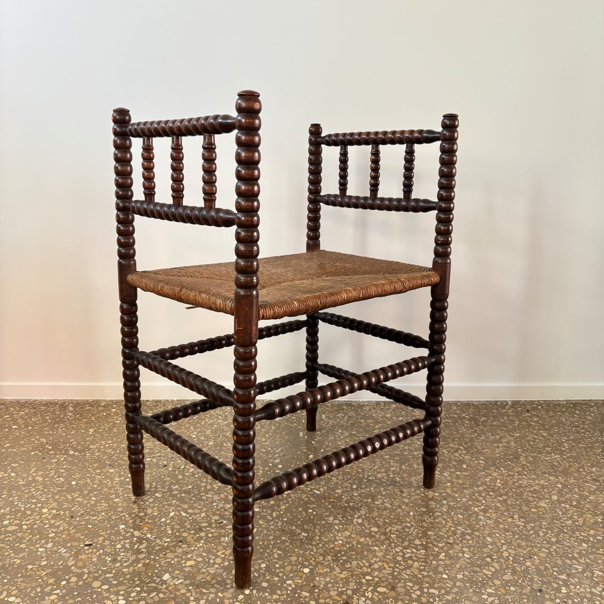 Dutch_Bobbin_Turned_Wood_Stool_or_Small_Bench_with_Rush_Seat,_Early_20th_Century