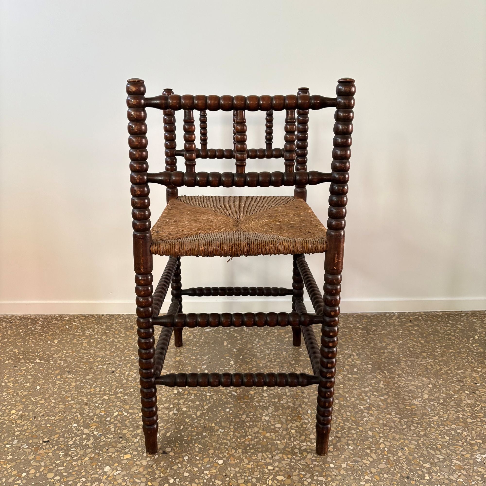 Dutch_Bobbin_Turned_Wood_Stool_or_Small_Bench_with_Rush_Seat,_Early_20th_Century