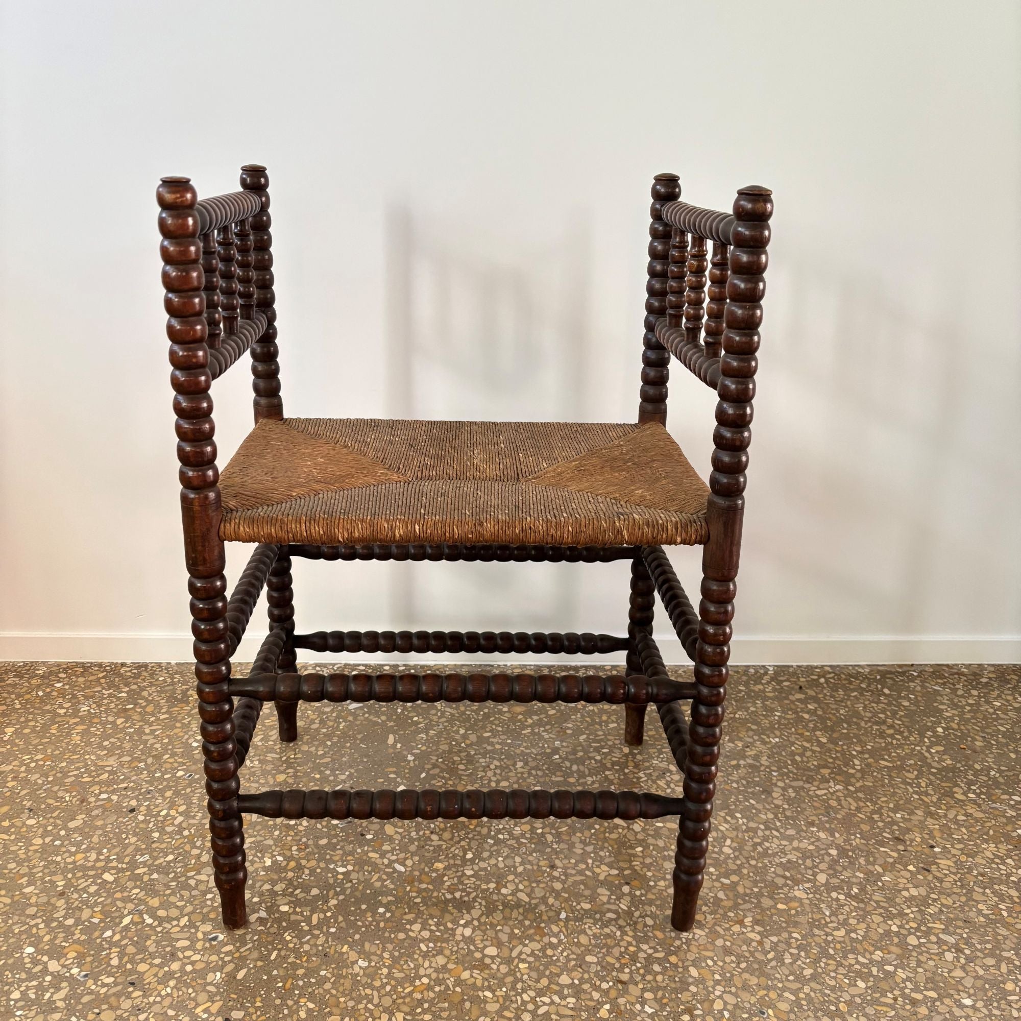 Dutch_Bobbin_Turned_Wood_Stool_or_Small_Bench_with_Rush_Seat,_Early_20th_Century