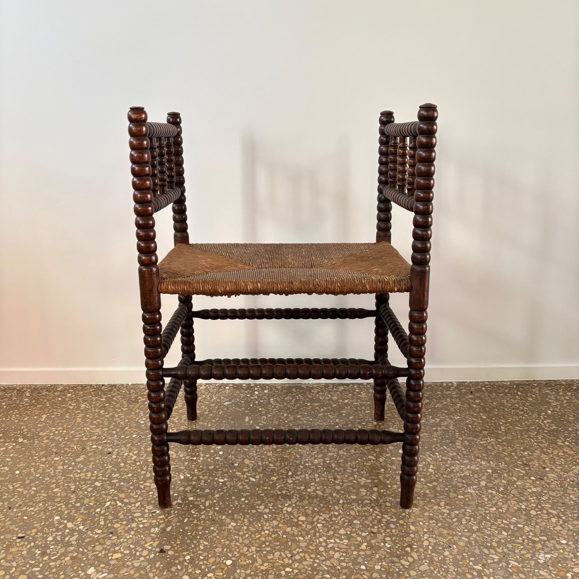 Dutch_Bobbin_Turned_Wood_Stool_or_Small_Bench_with_Rush_Seat,_Early_20th_Century