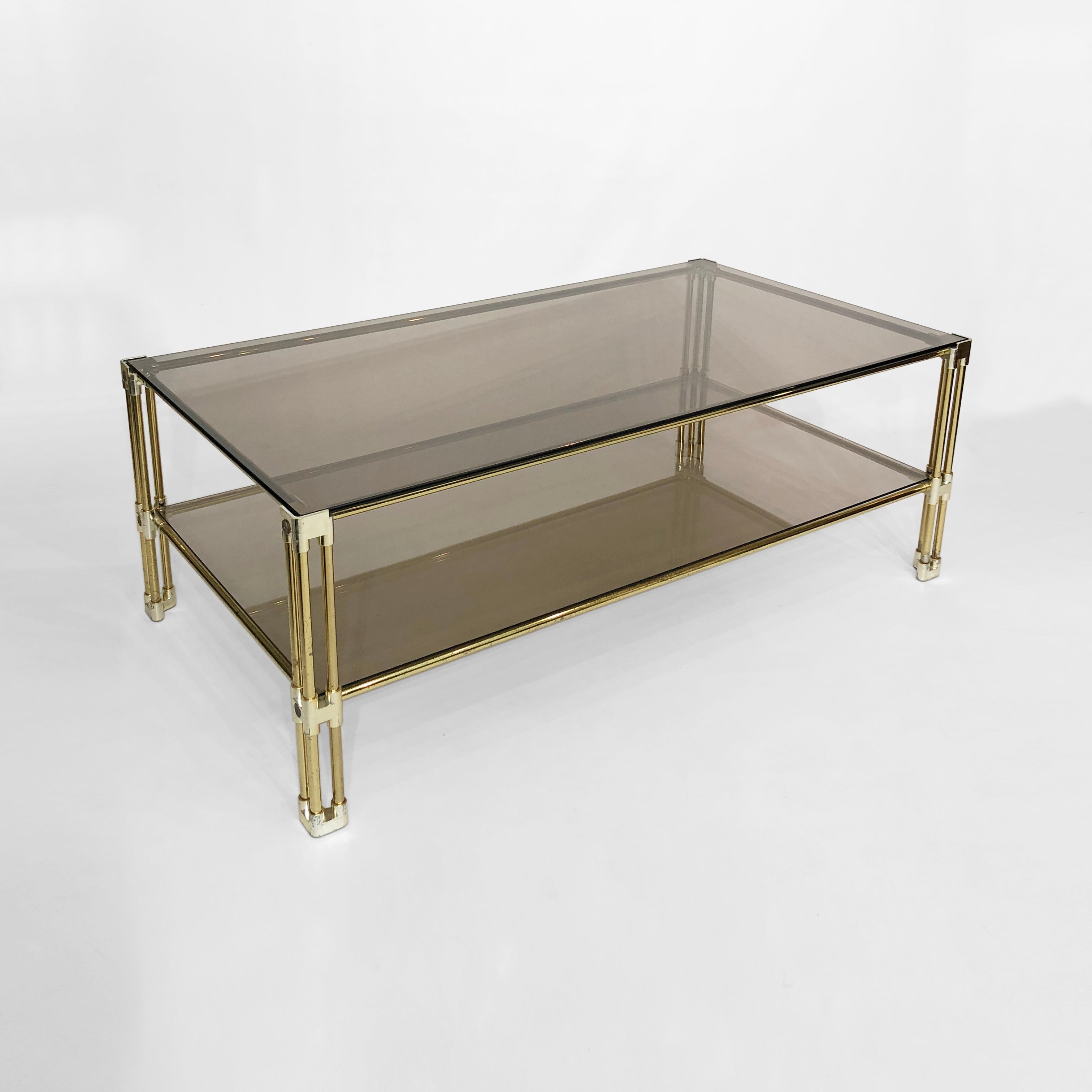 Brass_Two_Tiered_Coffee_Table_Hollywood_Regency_Gold_Smoked_Glass_1970s_Glamour