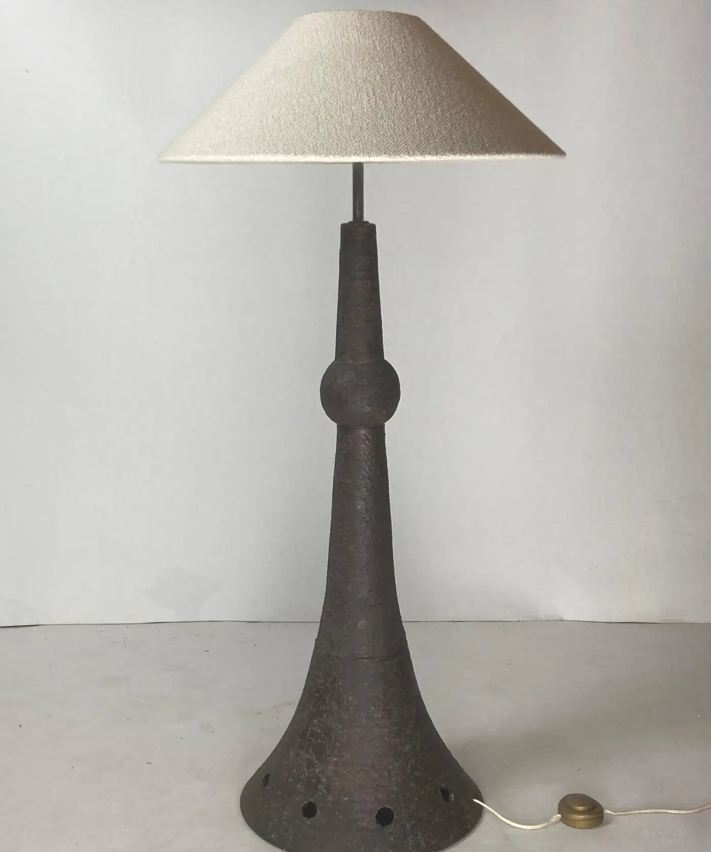 Brutalist_Ceramic_Floor_Lamp_with_Bouclé_Shade,_1960s,_Netherlands