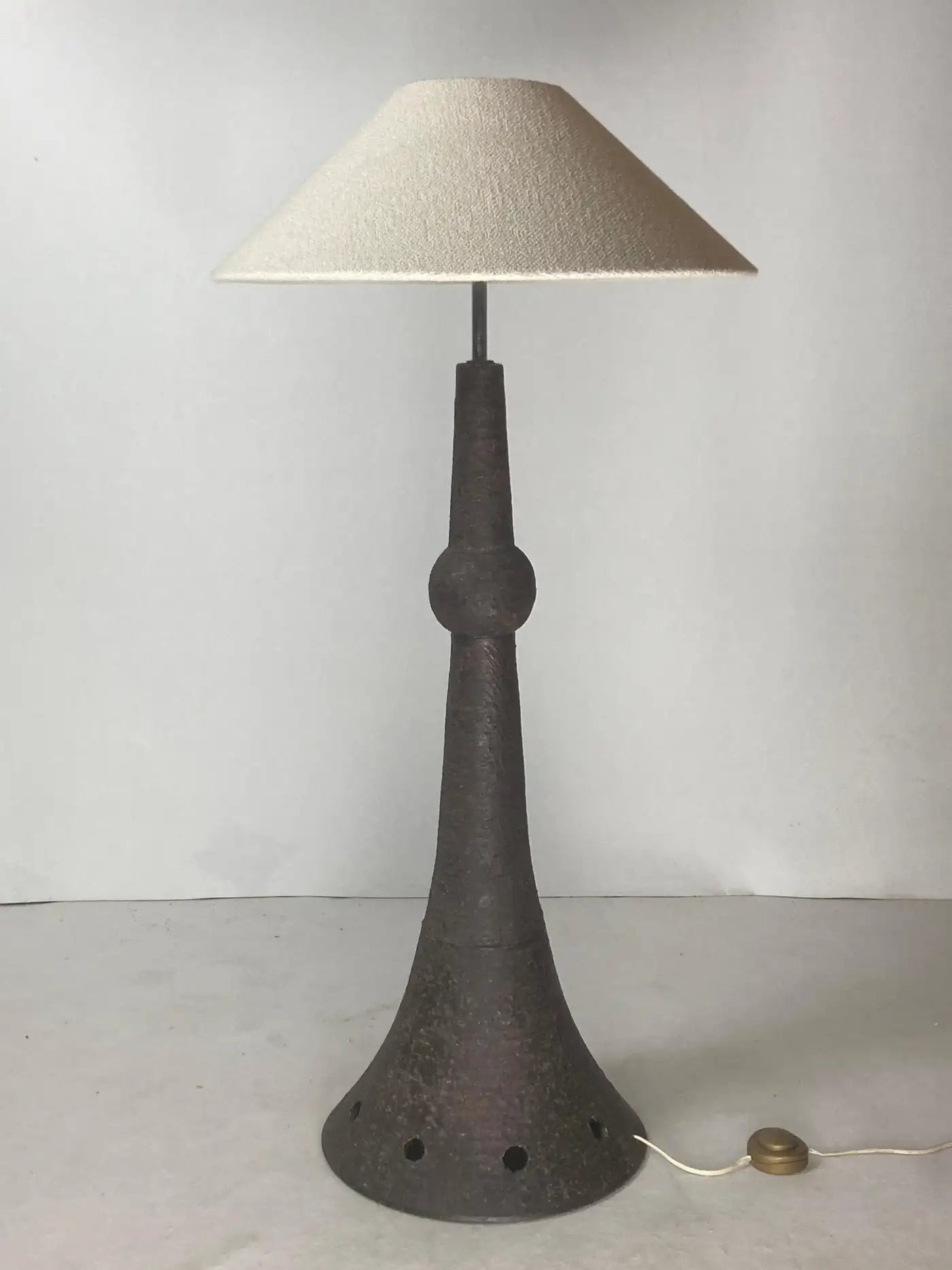 Brutalist_Ceramic_Floor_Lamp_with_Bouclé_Shade,_1960s,_Netherlands