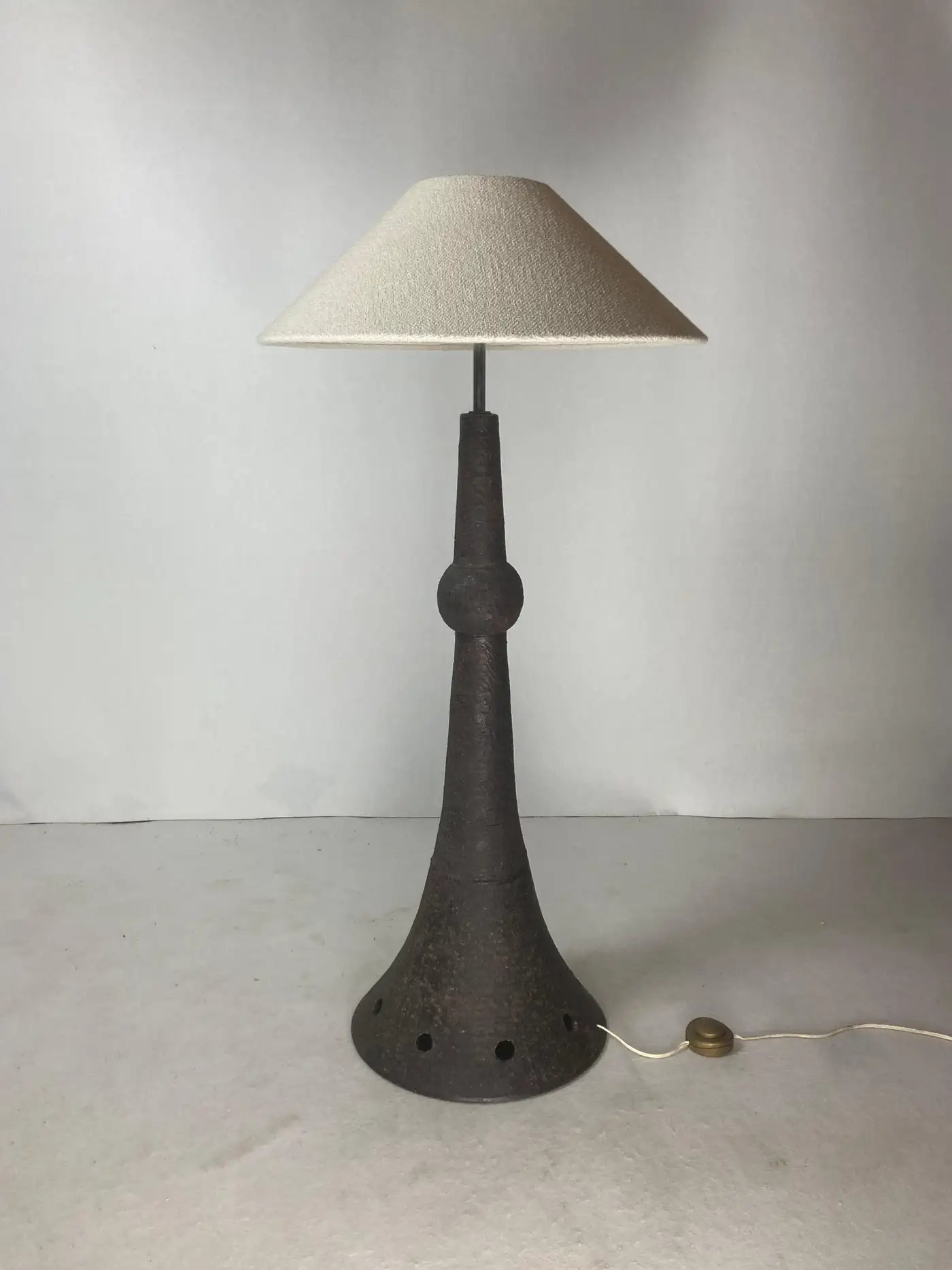 Brutalist_Ceramic_Floor_Lamp_with_Bouclé_Shade,_1960s,_Netherlands