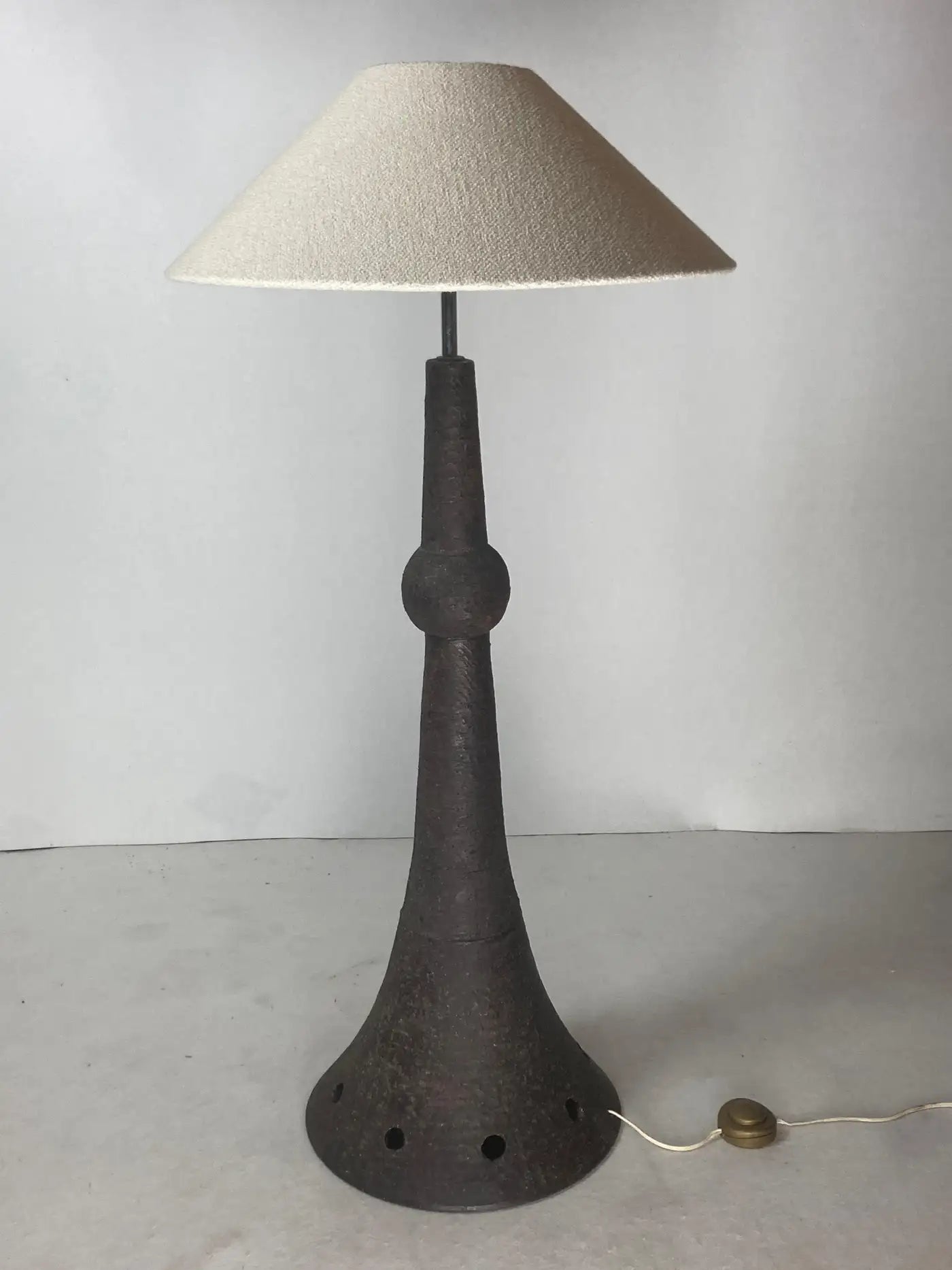 Brutalist_Ceramic_Floor_Lamp_with_Bouclé_Shade,_1960s,_Netherlands