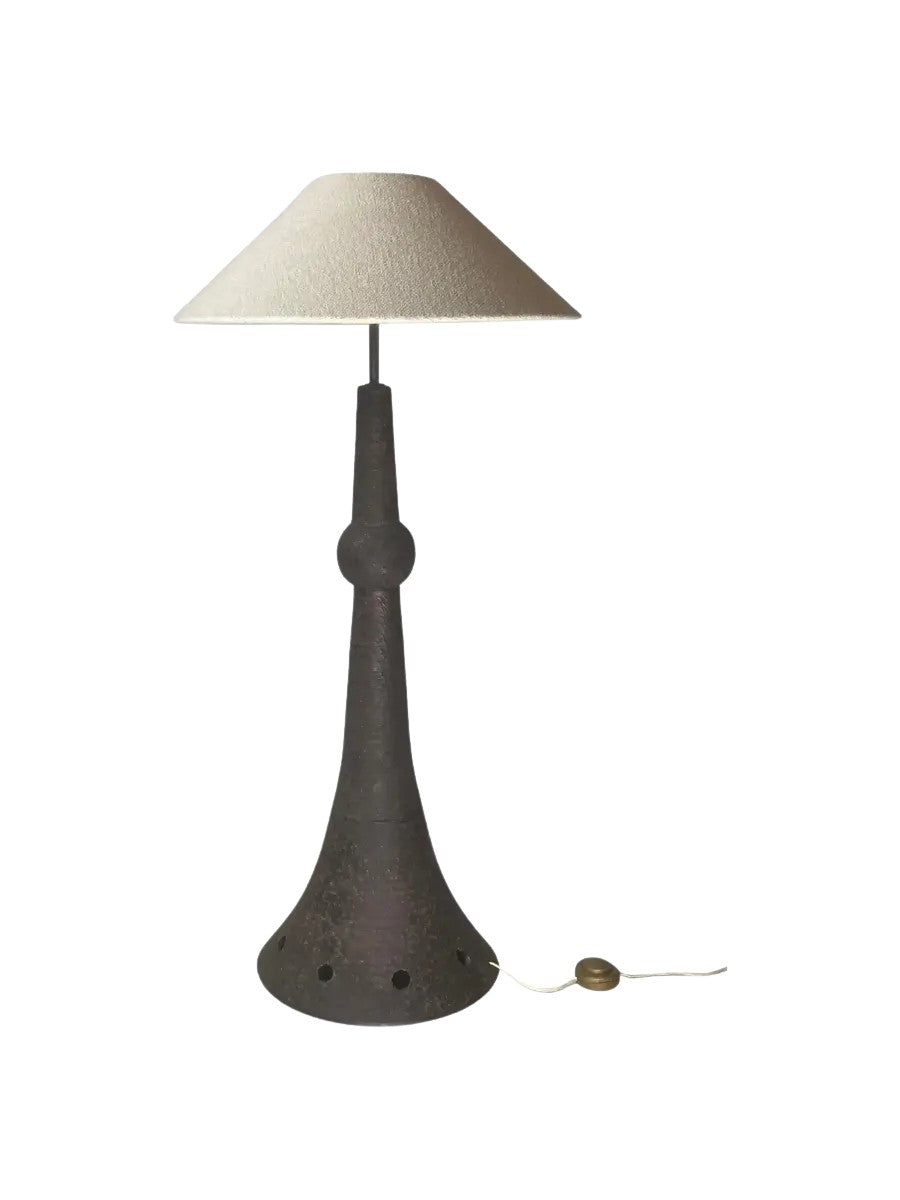 Brutalist_Ceramic_Floor_Lamp_with_Bouclé_Shade,_1960s,_Netherlands
