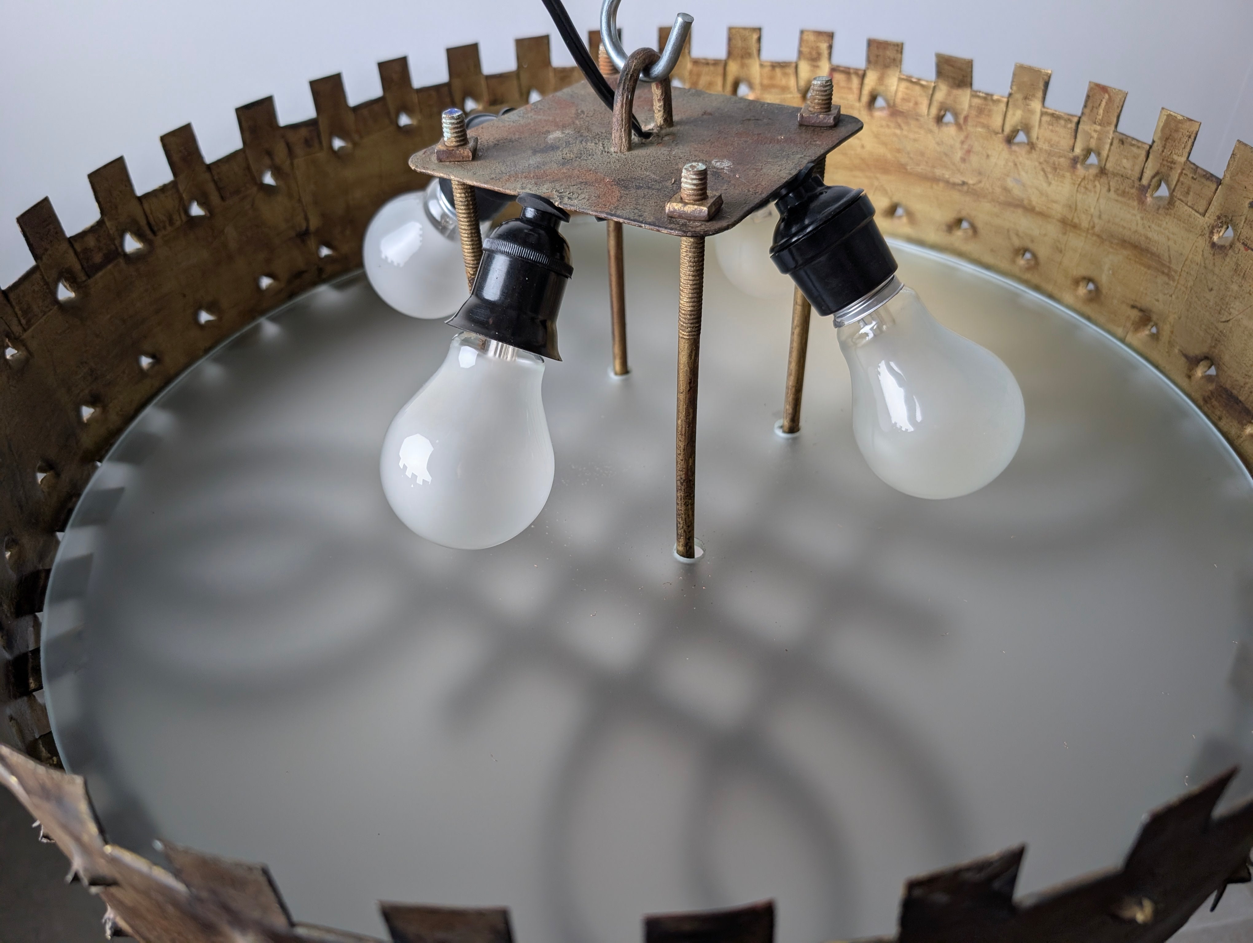 1940s_Brutalist_Flush_Mount_Ceiling_Lamp_in_Hammered_Gilt_Wrought_Iron