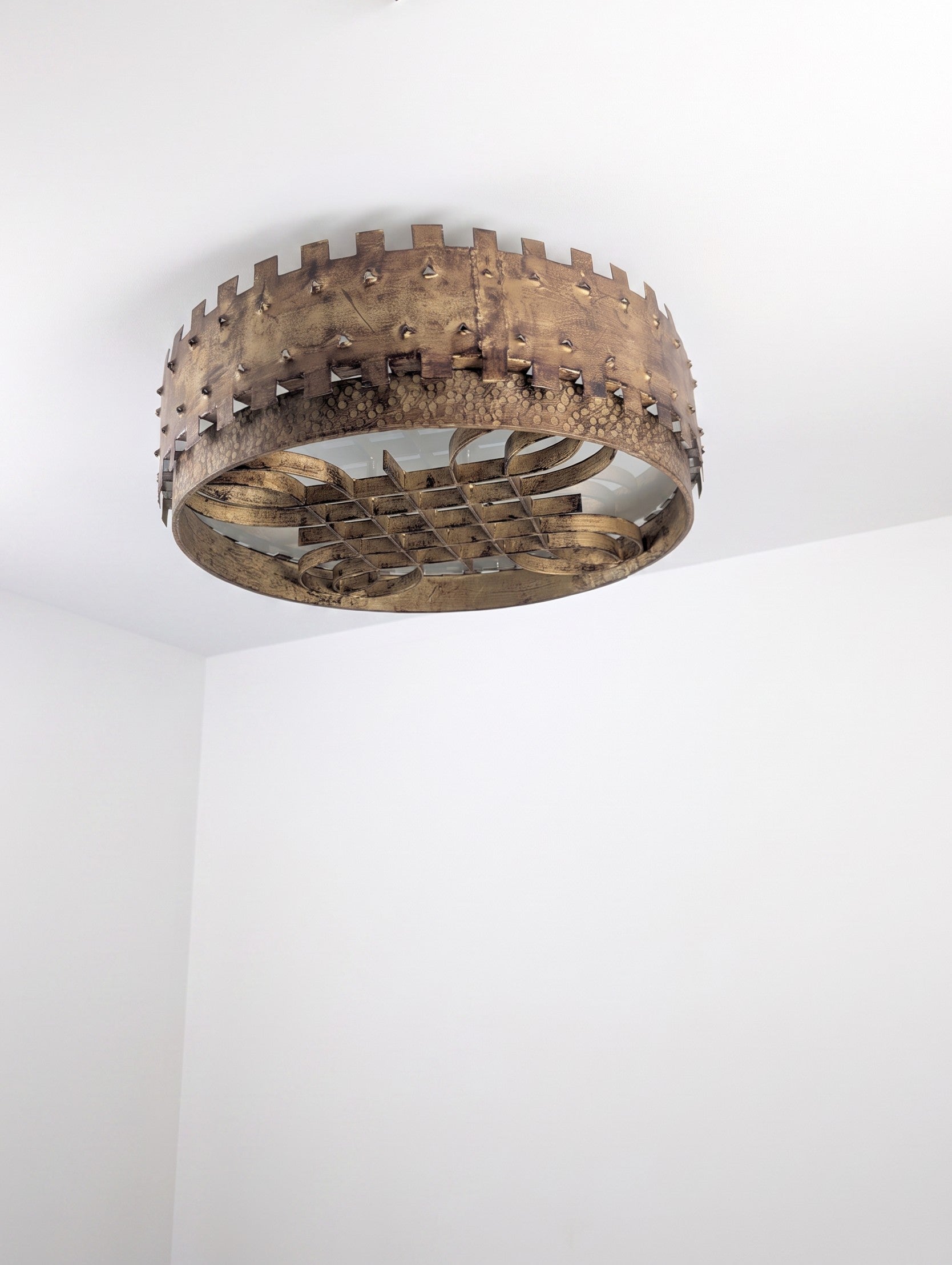 1940s_Brutalist_Flush_Mount_Ceiling_Lamp_in_Hammered_Gilt_Wrought_Iron