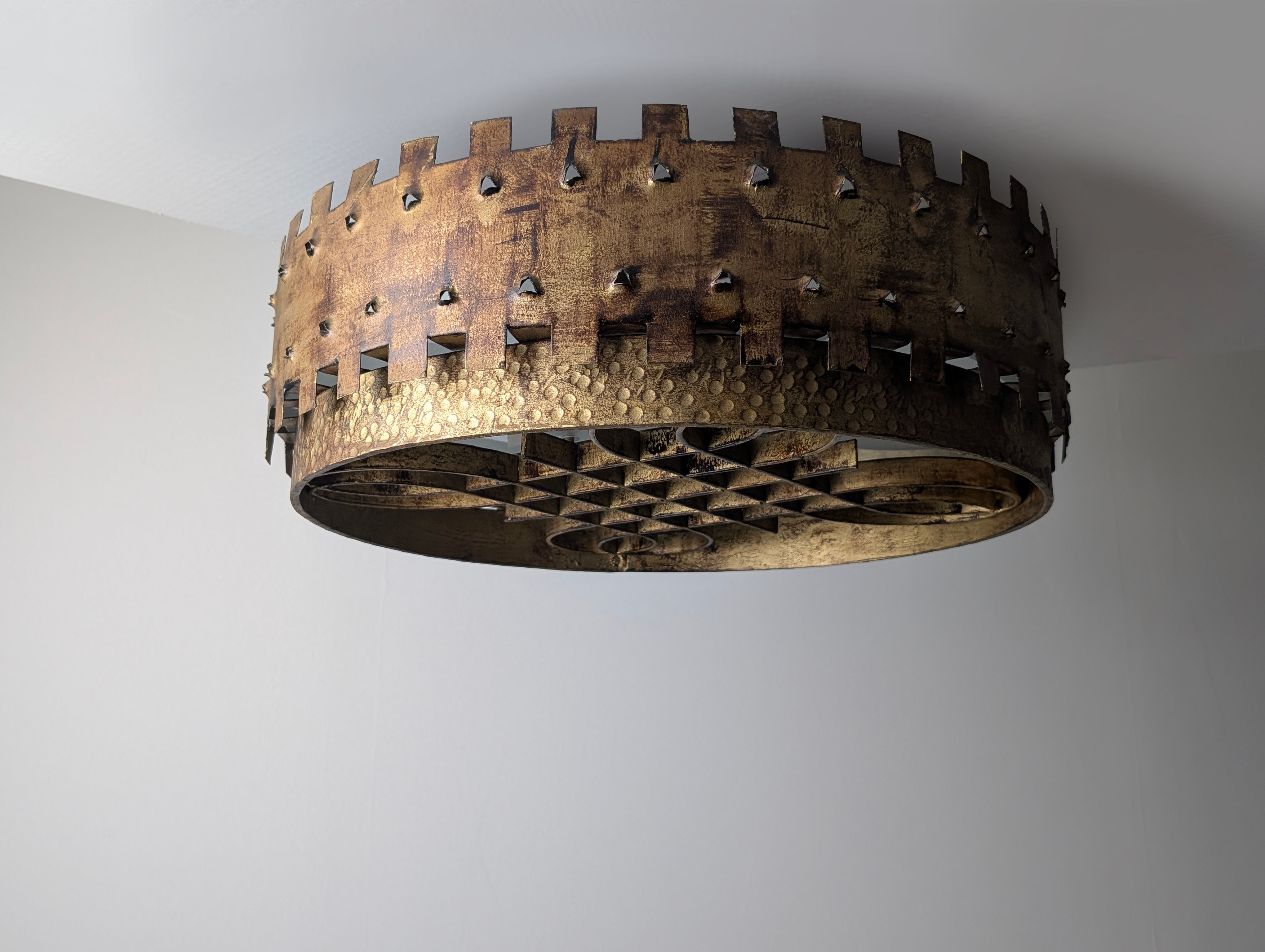 1940s_Brutalist_Flush_Mount_Ceiling_Lamp_in_Hammered_Gilt_Wrought_Iron