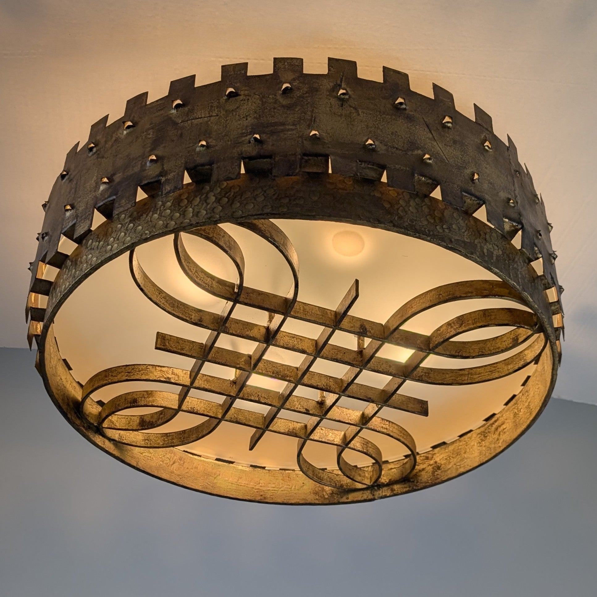 1940s_Brutalist_Flush_Mount_Ceiling_Lamp_in_Hammered_Gilt_Wrought_Iron