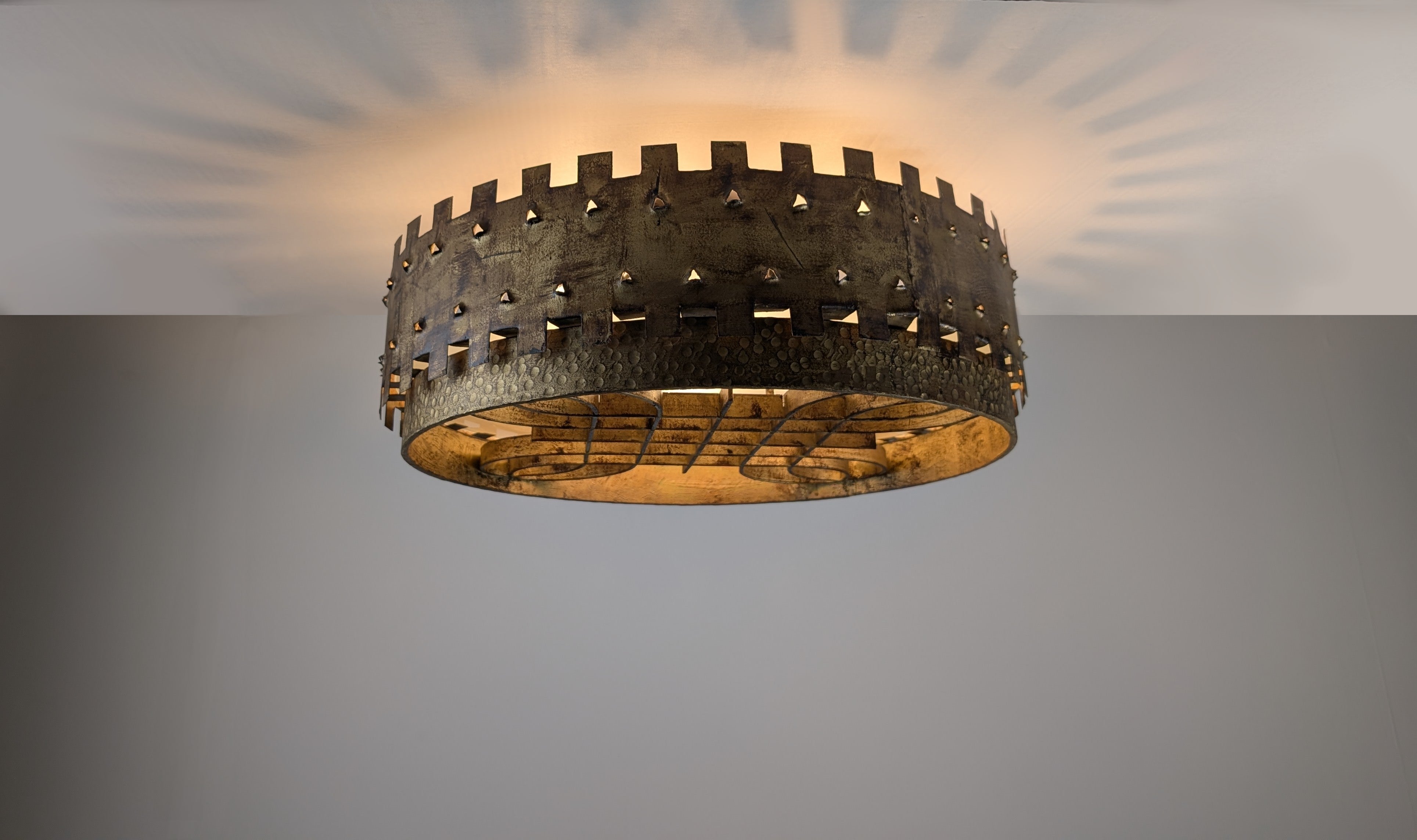 1940s_Brutalist_Flush_Mount_Ceiling_Lamp_in_Hammered_Gilt_Wrought_Iron