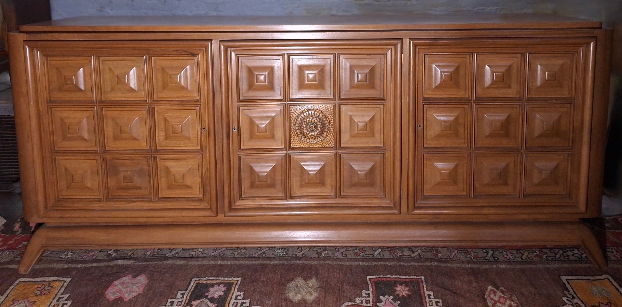 Large_French_Brutalist_Walnut_Sideboard_with_Carved_Panels,_1940s,_Charles_Dudouyt_Style