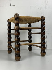 Brutalist_Wood_Turned_Bobbin_Rush_Stool_by_Charles_Dudouyt,_1950s