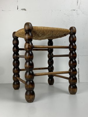 Brutalist_Wood_Turned_Bobbin_Rush_Stool_by_Charles_Dudouyt,_1950s