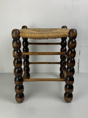 Brutalist_Wood_Turned_Bobbin_Rush_Stool_by_Charles_Dudouyt,_1950s
