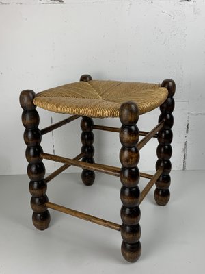 Brutalist_Wood_Turned_Bobbin_Rush_Stool_by_Charles_Dudouyt,_1950s
