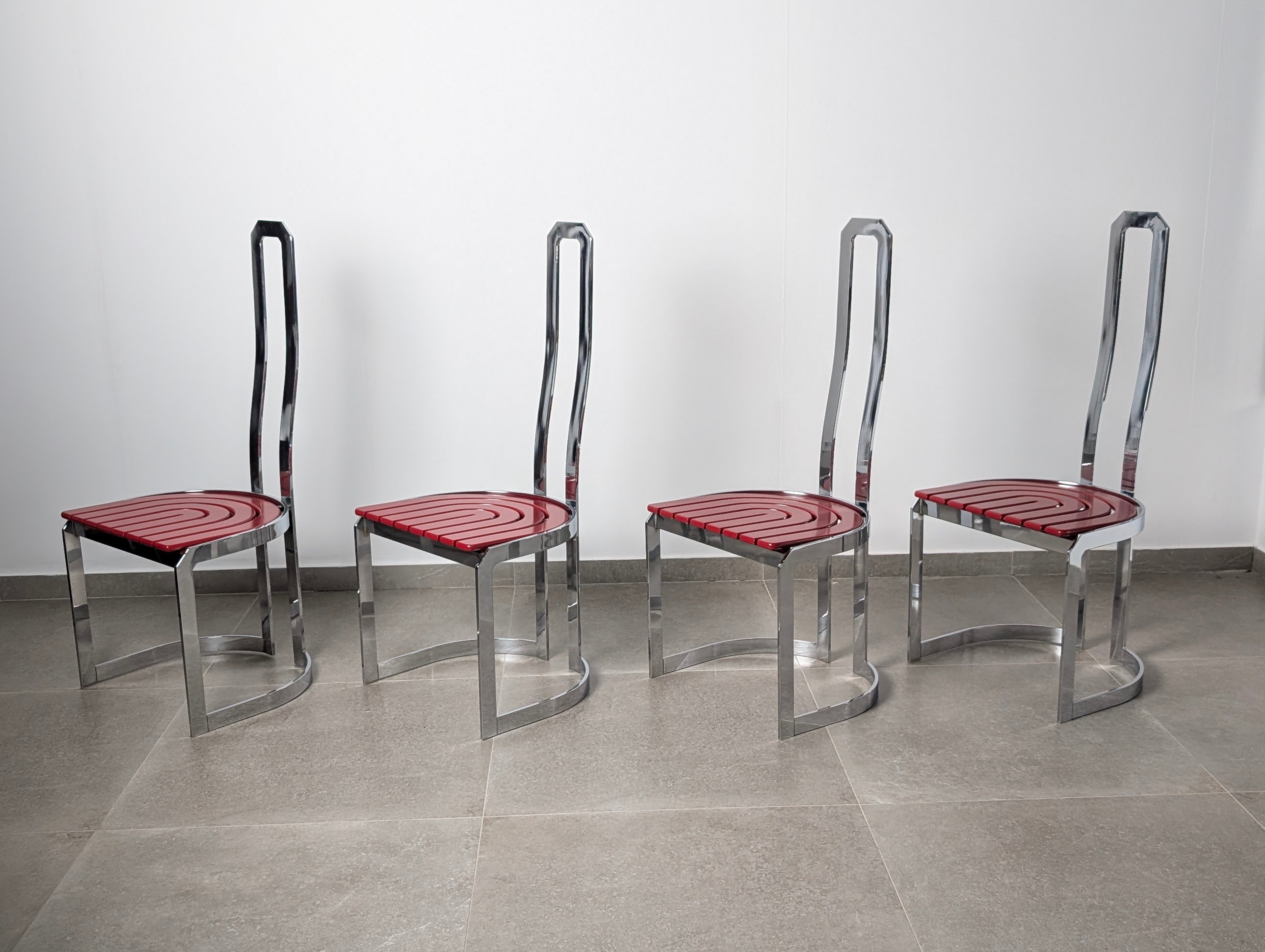 Set_of_4_Italian_Chrome_and_Red_Lacquered_Dining_Chairs,_Postmodern_Design