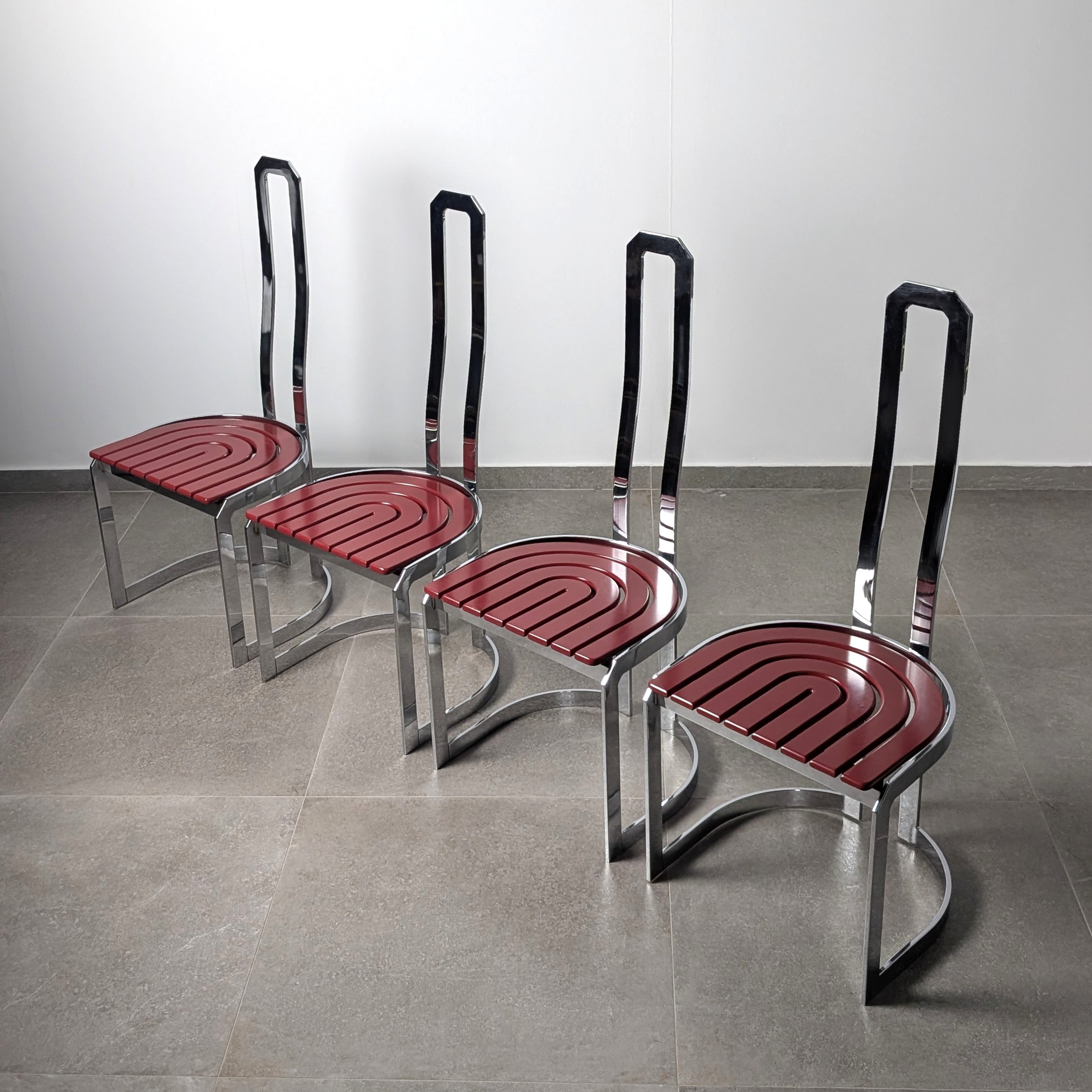 Set_of_4_Italian_Chrome_and_Red_Lacquered_Dining_Chairs,_Postmodern_Design