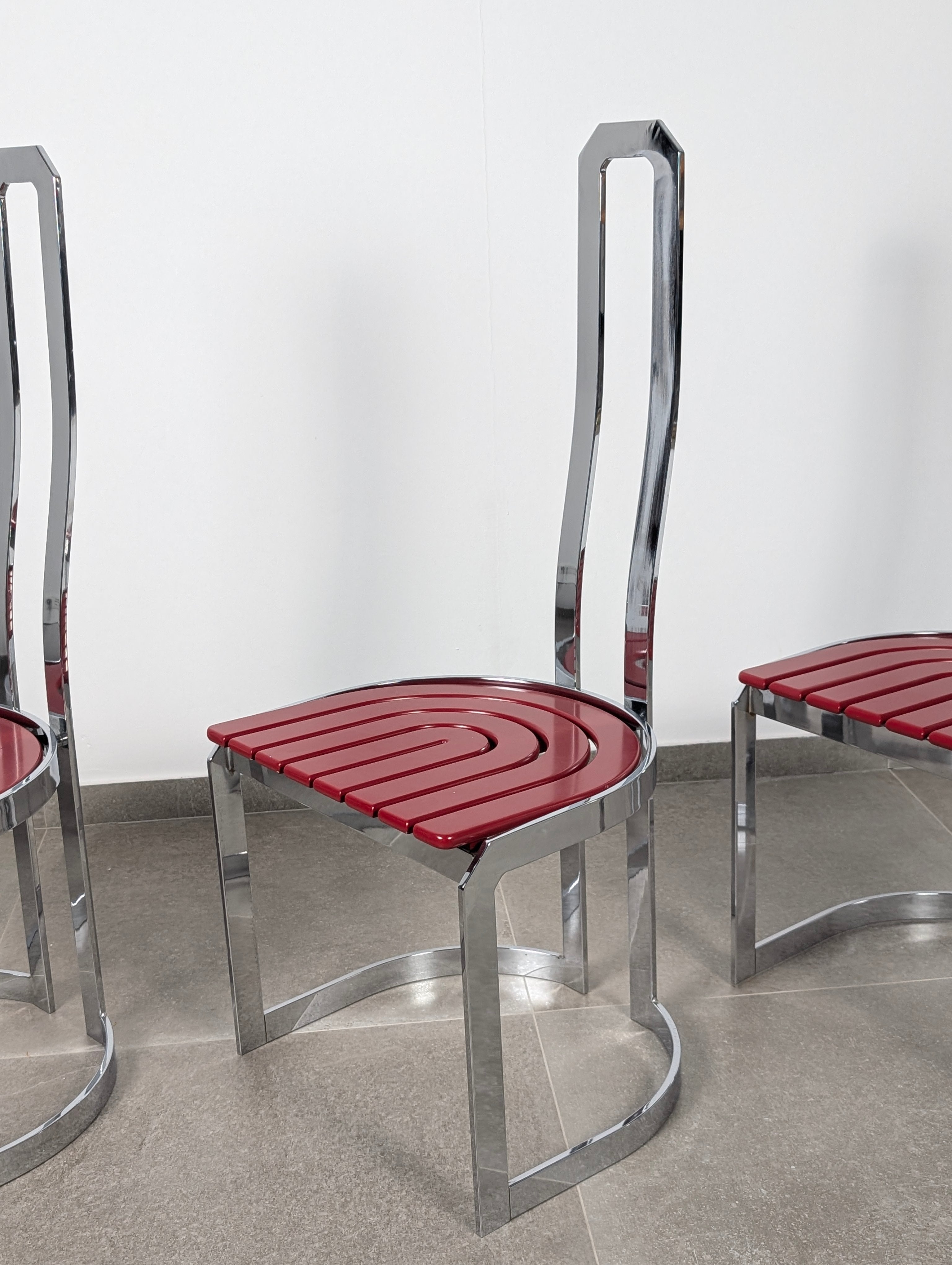 Set_of_4_Italian_Chrome_and_Red_Lacquered_Dining_Chairs,_Postmodern_Design