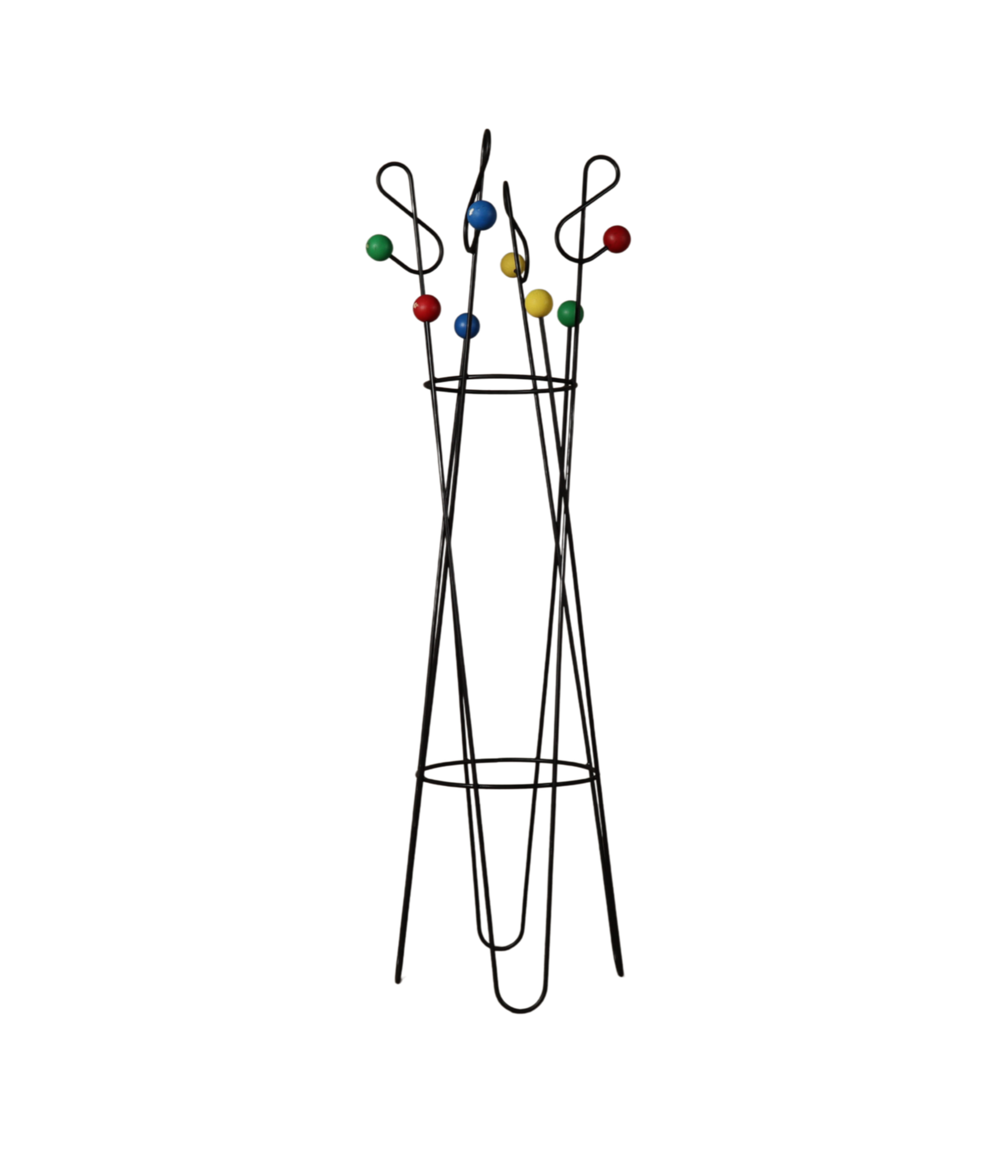 Coat_and_Hat_Stand_in_the_Style_of_Roger_Féraud,_Black_Metal_with_Colourful_Wooden_Balls
