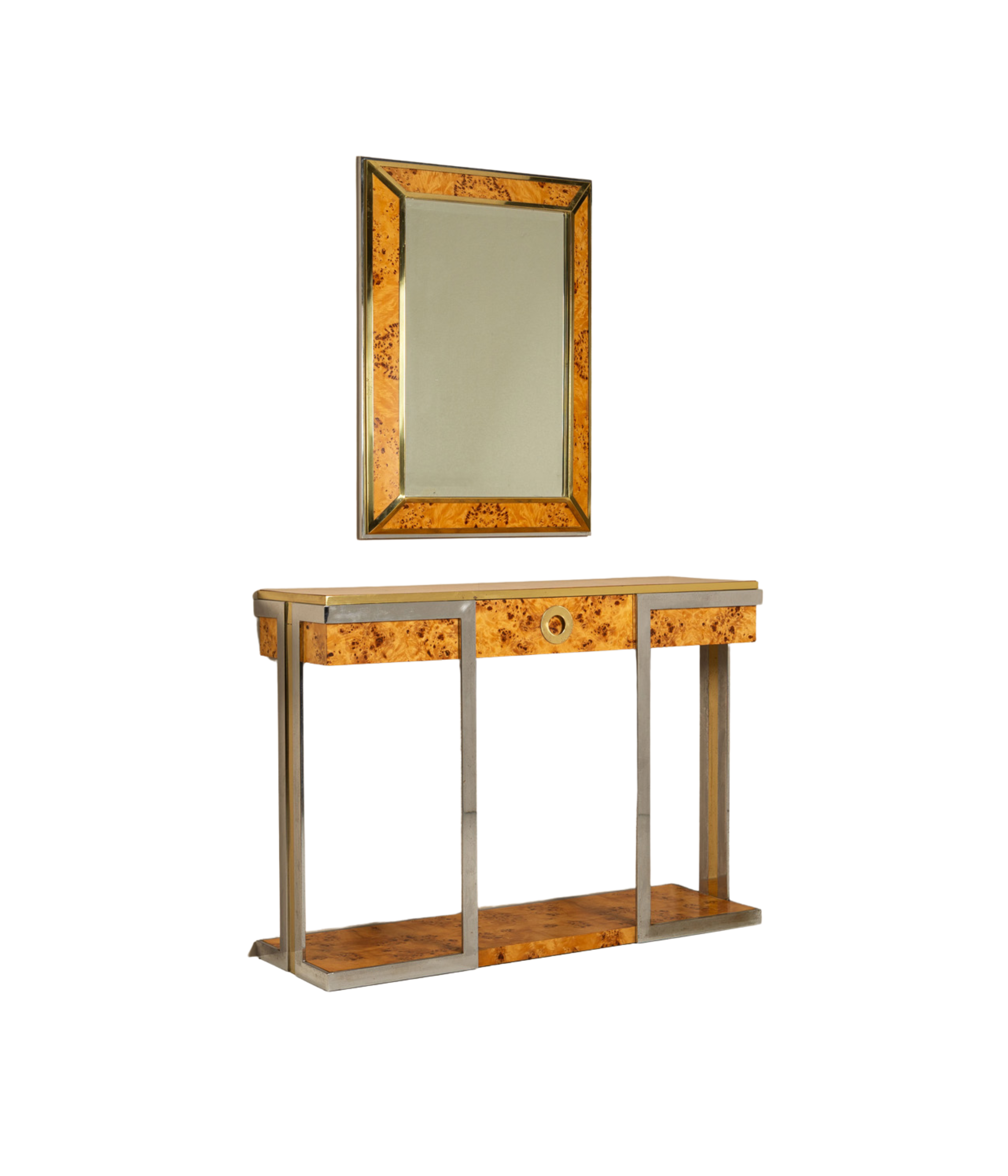 Console_and_Mirror_Set_by_Mario_Sabot_and_Willy_Rizzo_in_Burl_Wood_and_Brass,_Italy_1970s