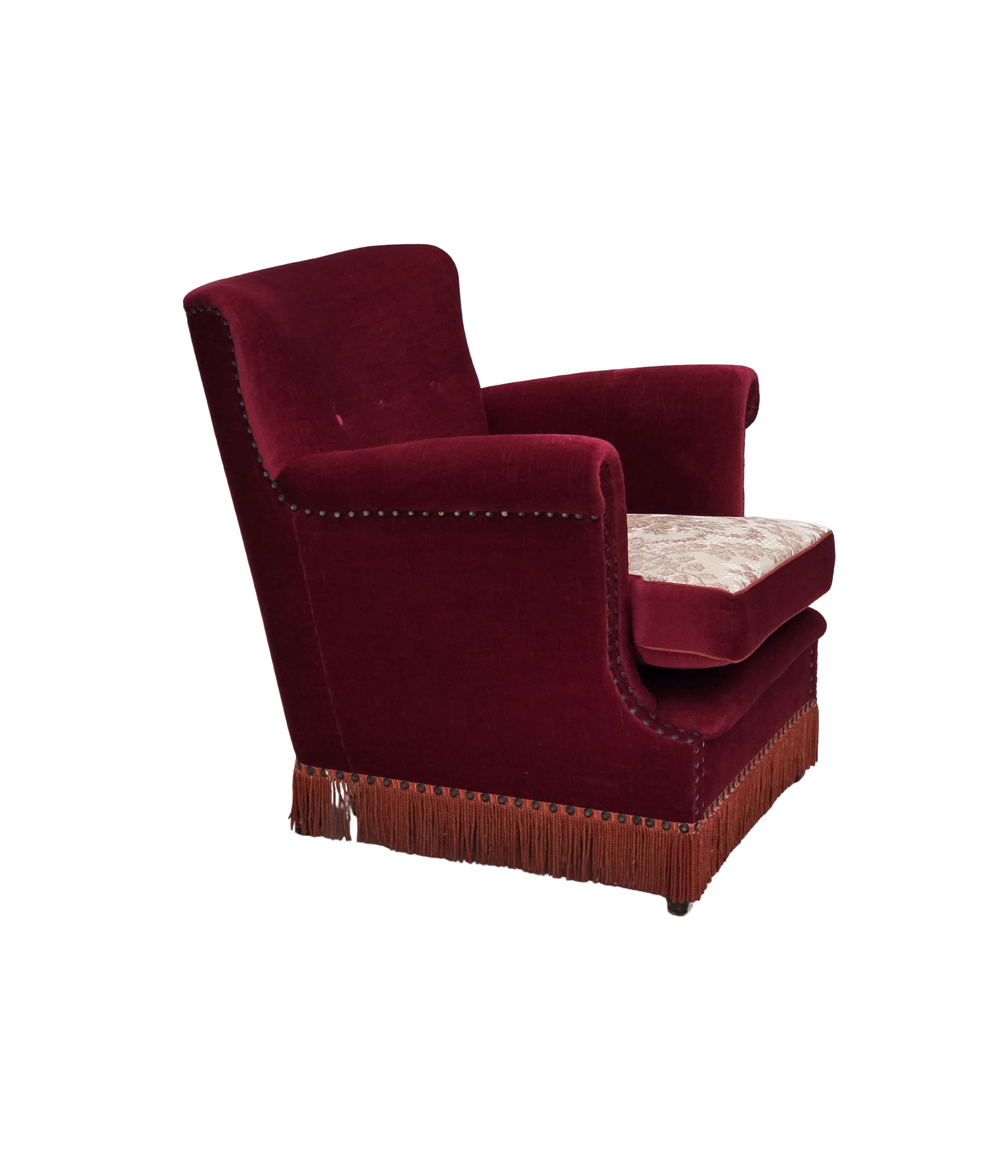 Danish_Armchair_in_Red_Velour_and_Ash_Wood_with_Reversible_Cushion,_Denmark,_1970s