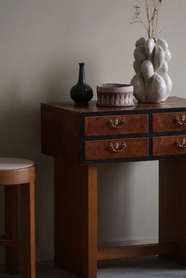 Danish_Art_Deco_Console_Table_with_Drawers_in_Elm_&_Burl_Wood,_1940s