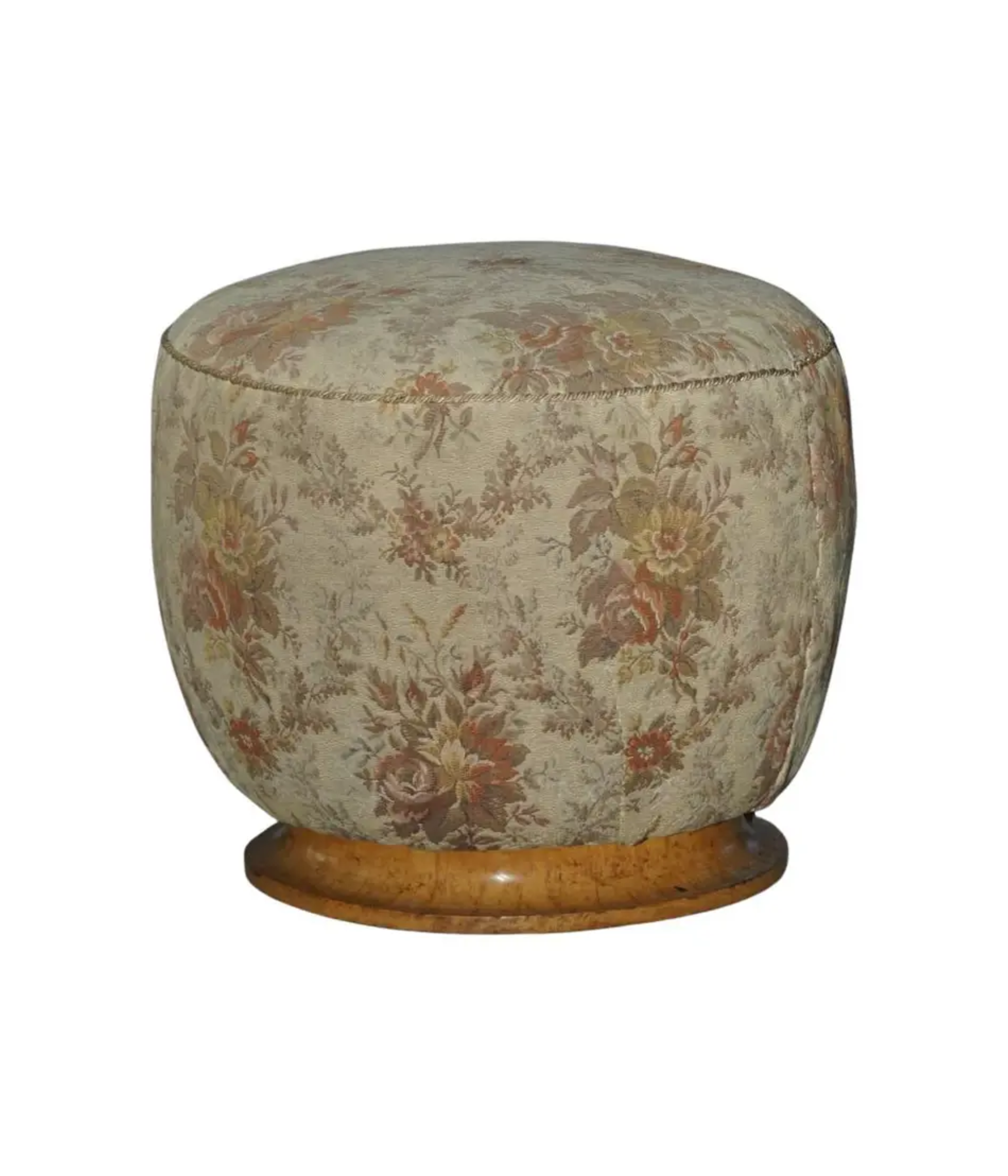 Danish_Art_Deco,_Sculptural_Round_Pouf_in_Fabric_&_Burl_Wood,_1940s