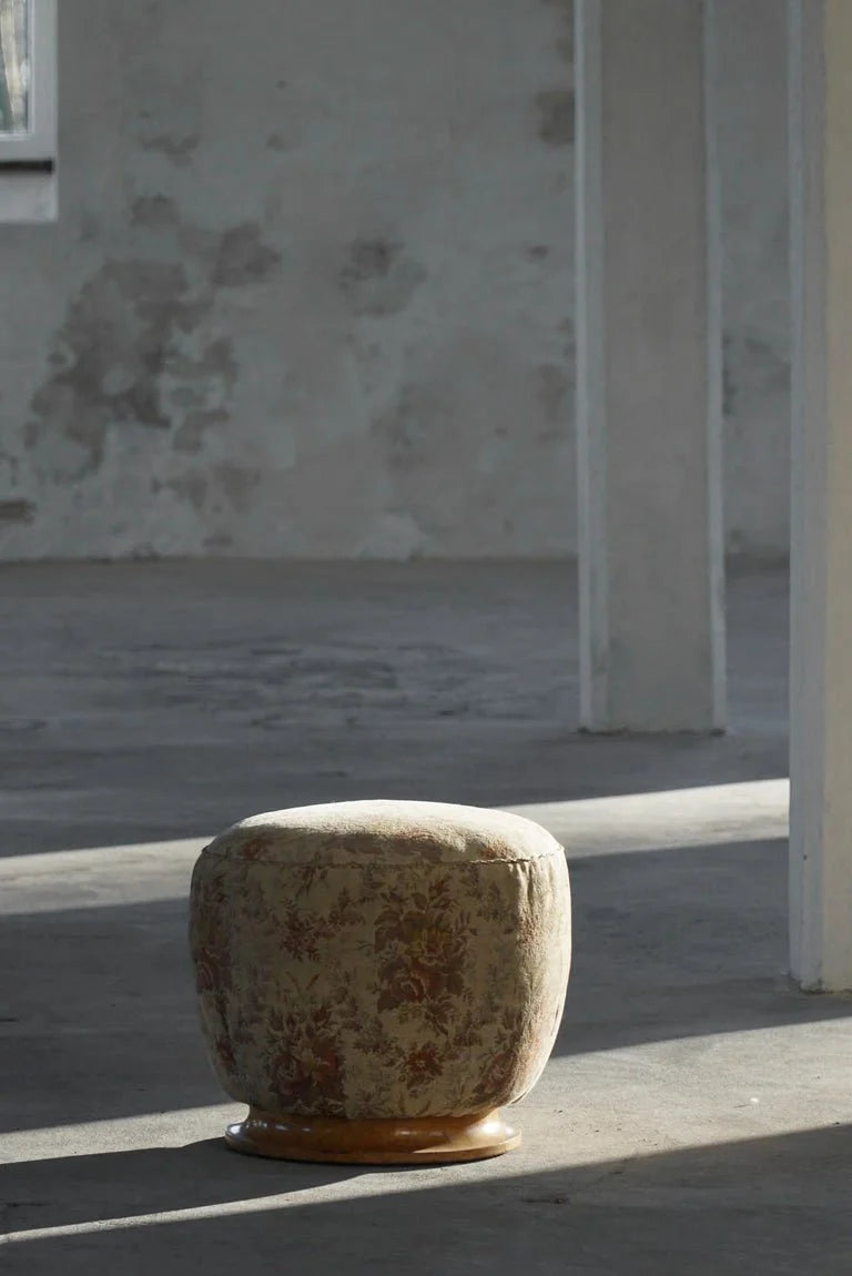 Danish_Art_Deco,_Sculptural_Round_Pouf_in_Fabric_&_Burl_Wood,_1940s