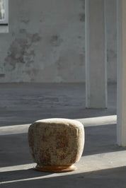 Danish_Art_Deco,_Sculptural_Round_Pouf_in_Fabric_&_Burl_Wood,_1940s